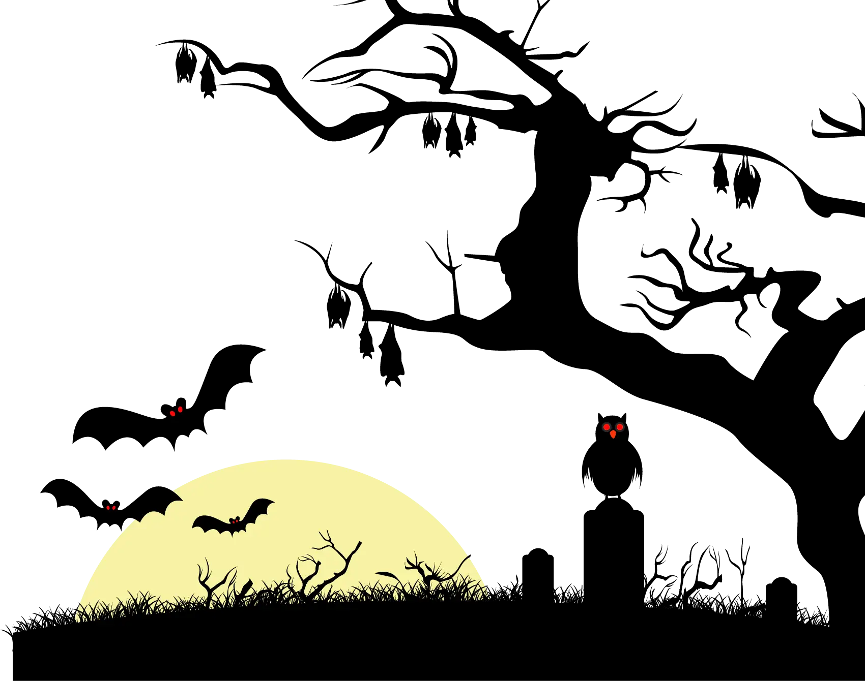 Spooky Tree with Bats and Owl