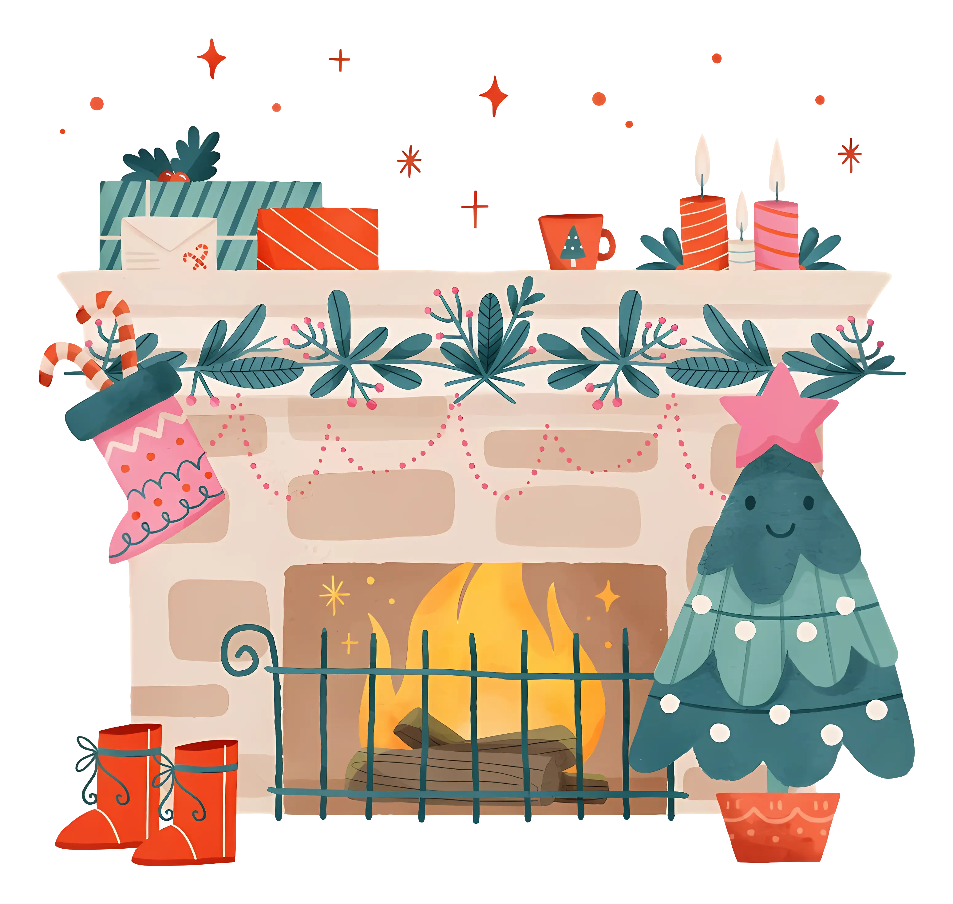 Cozy Christmas Fireplace with Stockings and Tree