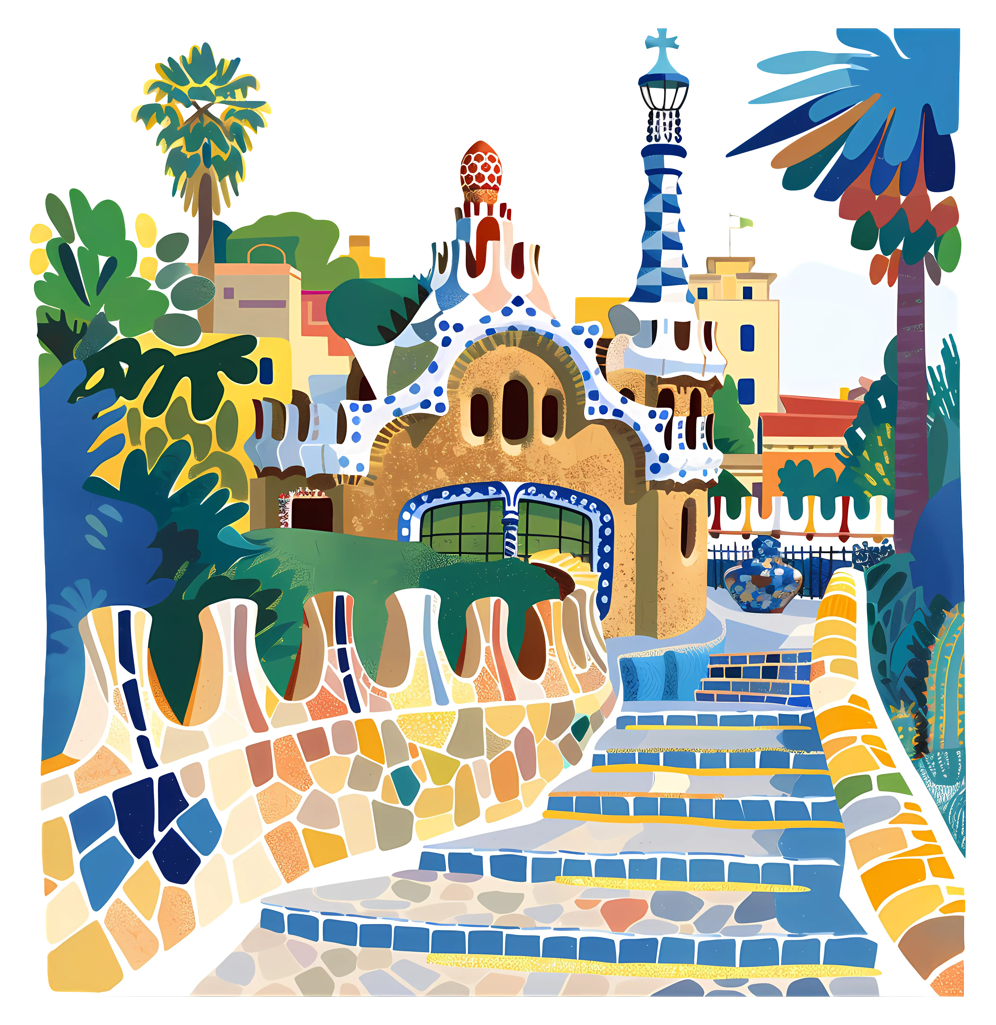 Colorful Park with Mosaic Architecture