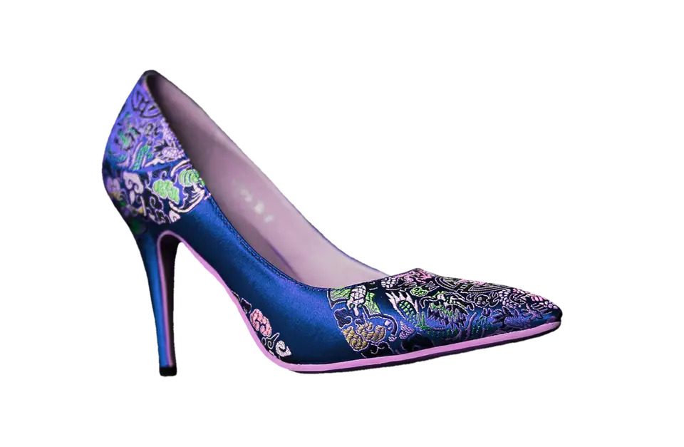 Stylish Blue High Heel Shoe with Floral Design