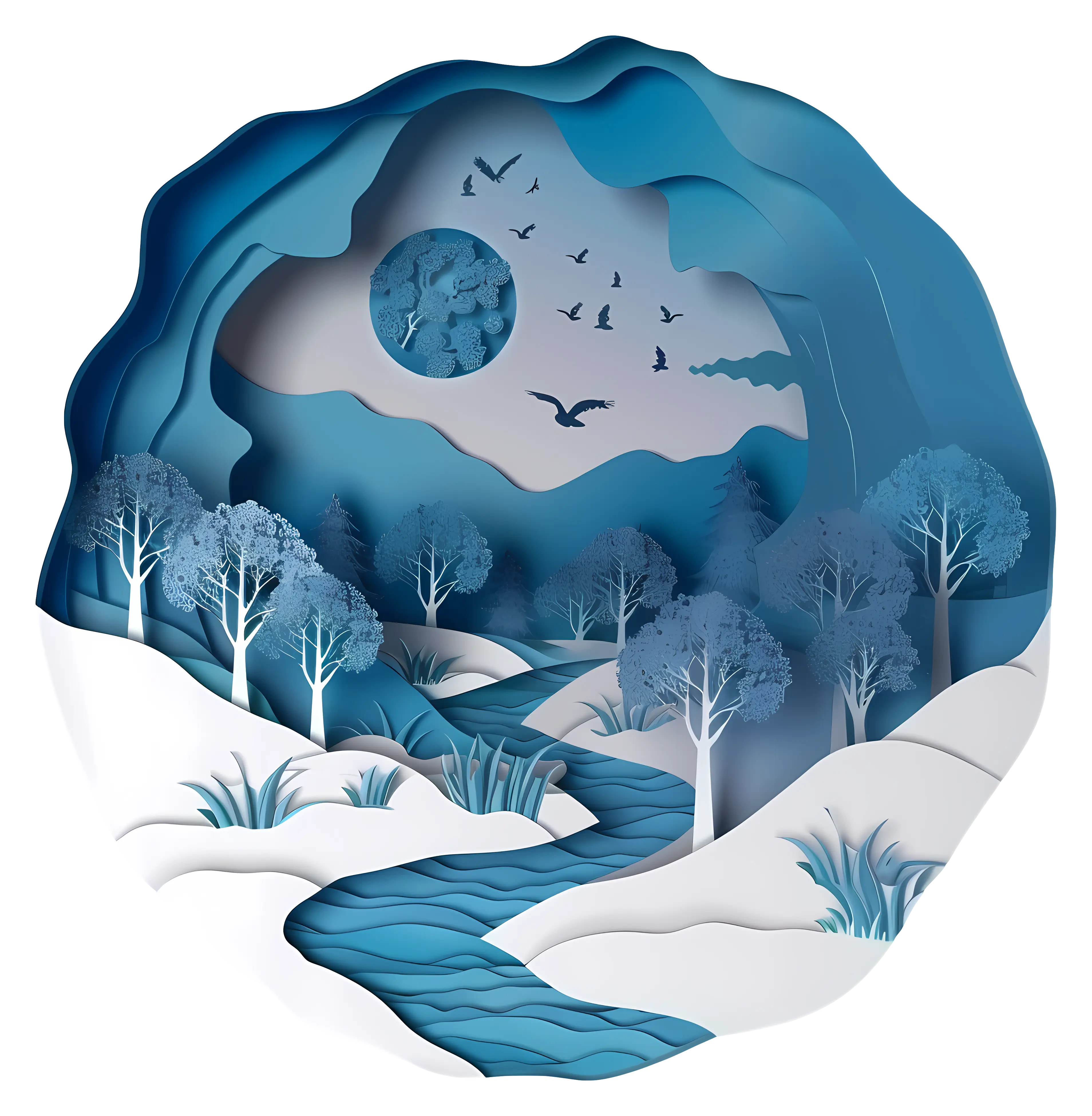 Papercut Landscape With Moon and River