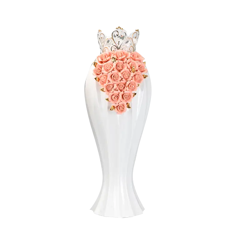 White Flower Vase with Pink Roses