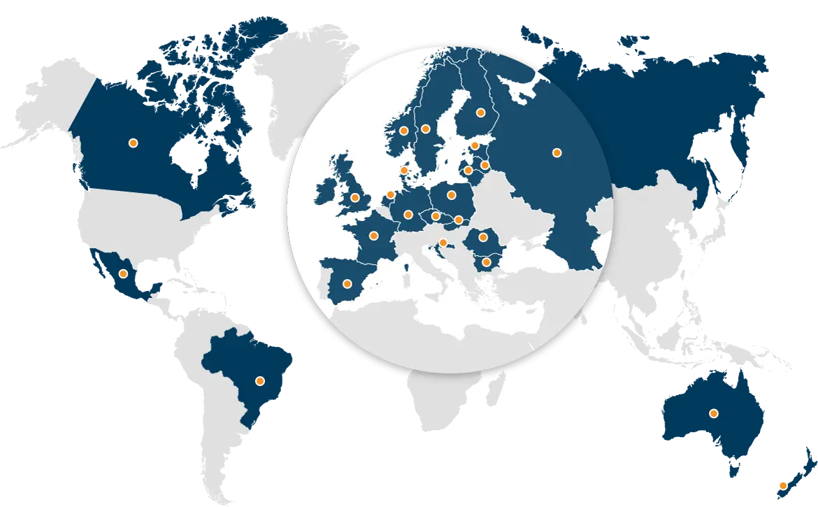 World Map Highlighting Various Countries