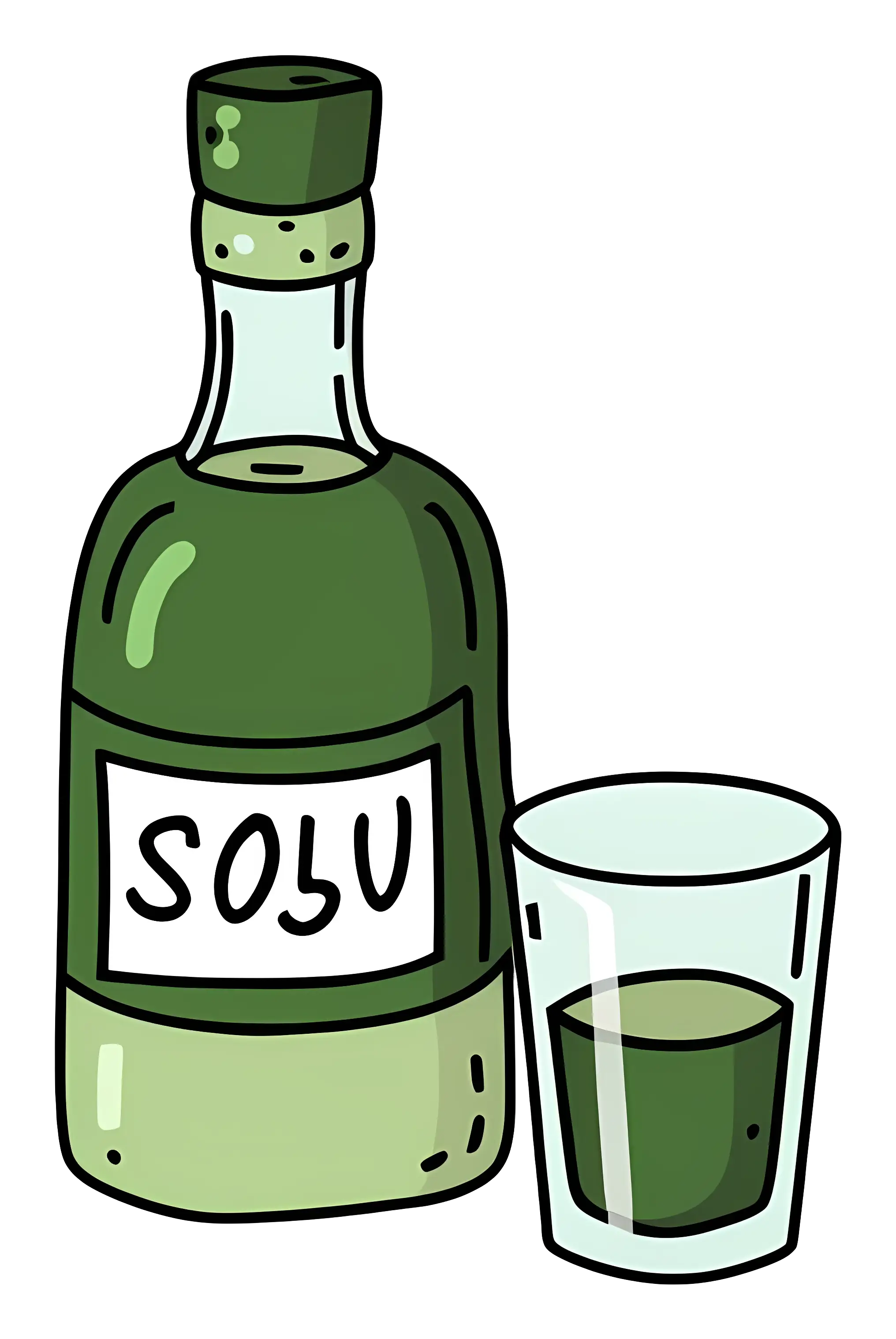 Green Bottle and Glass in Cartoon Style