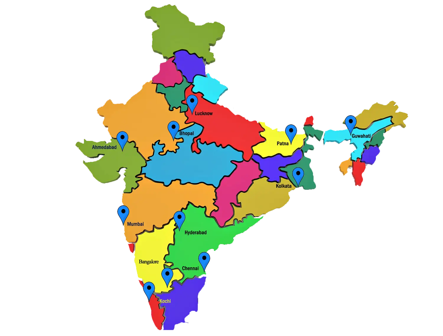 Colorful Map of India with Locations