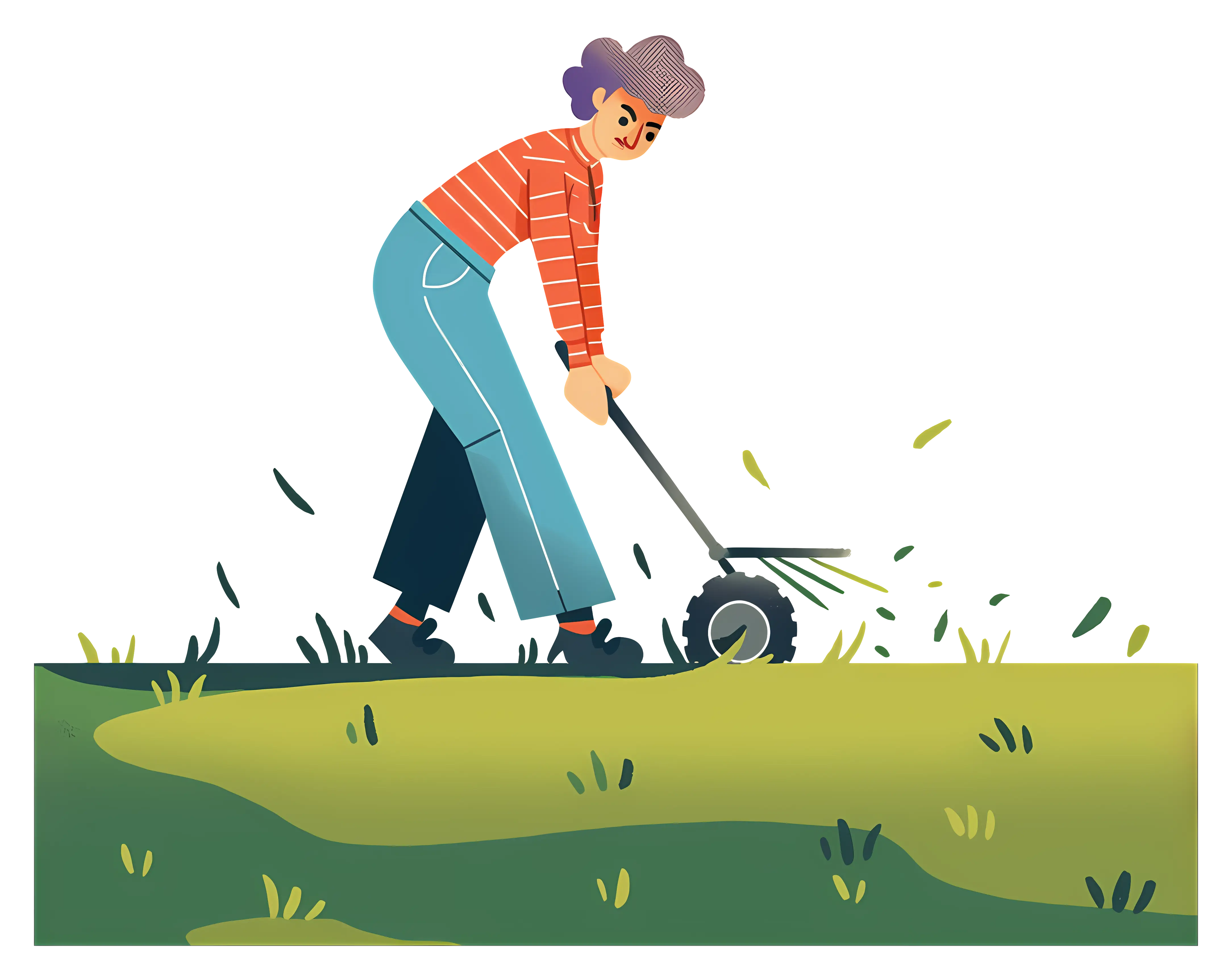 Person Mowing Lawn with Manual Tool