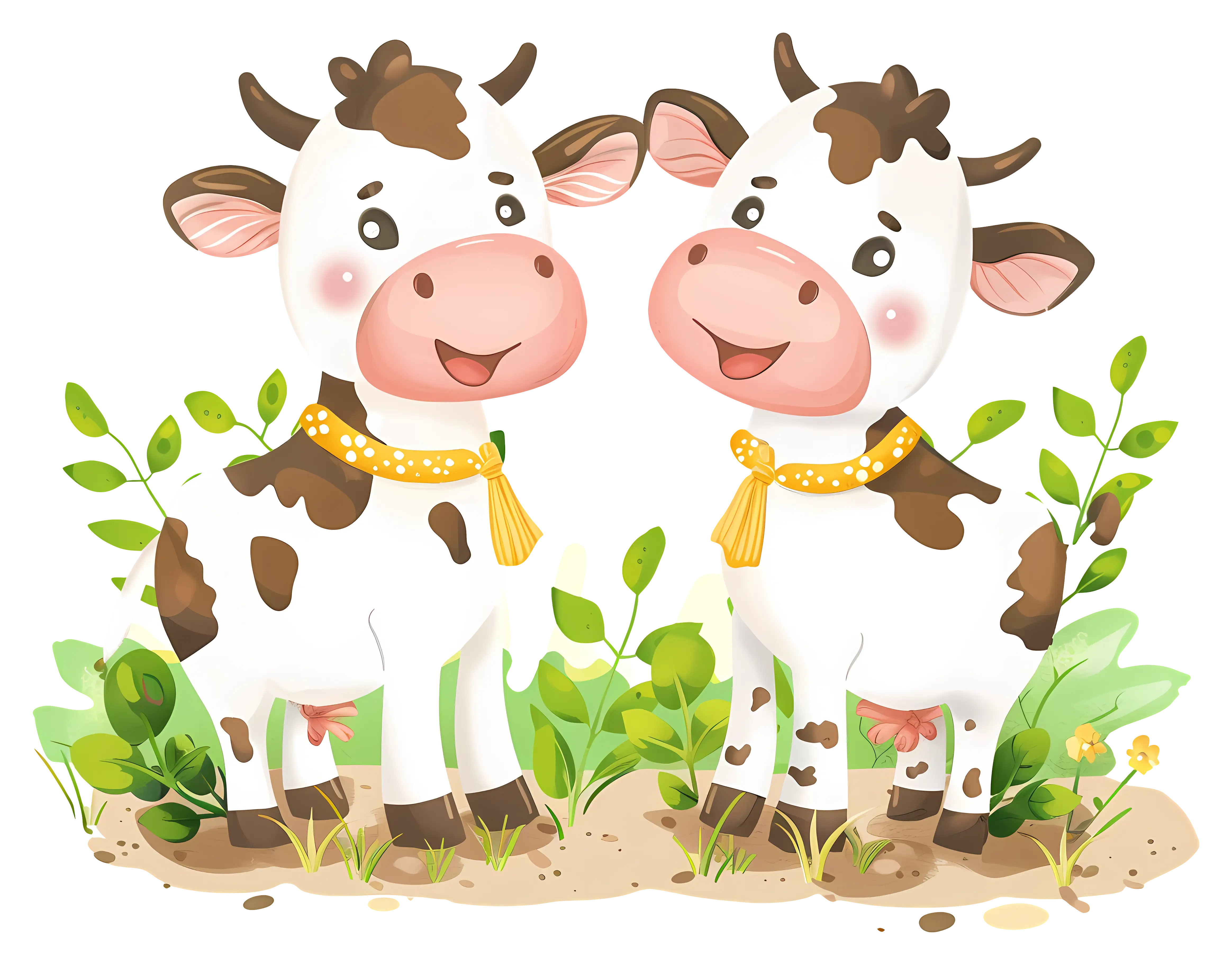 Pair of Cartoon Cows with Greenery