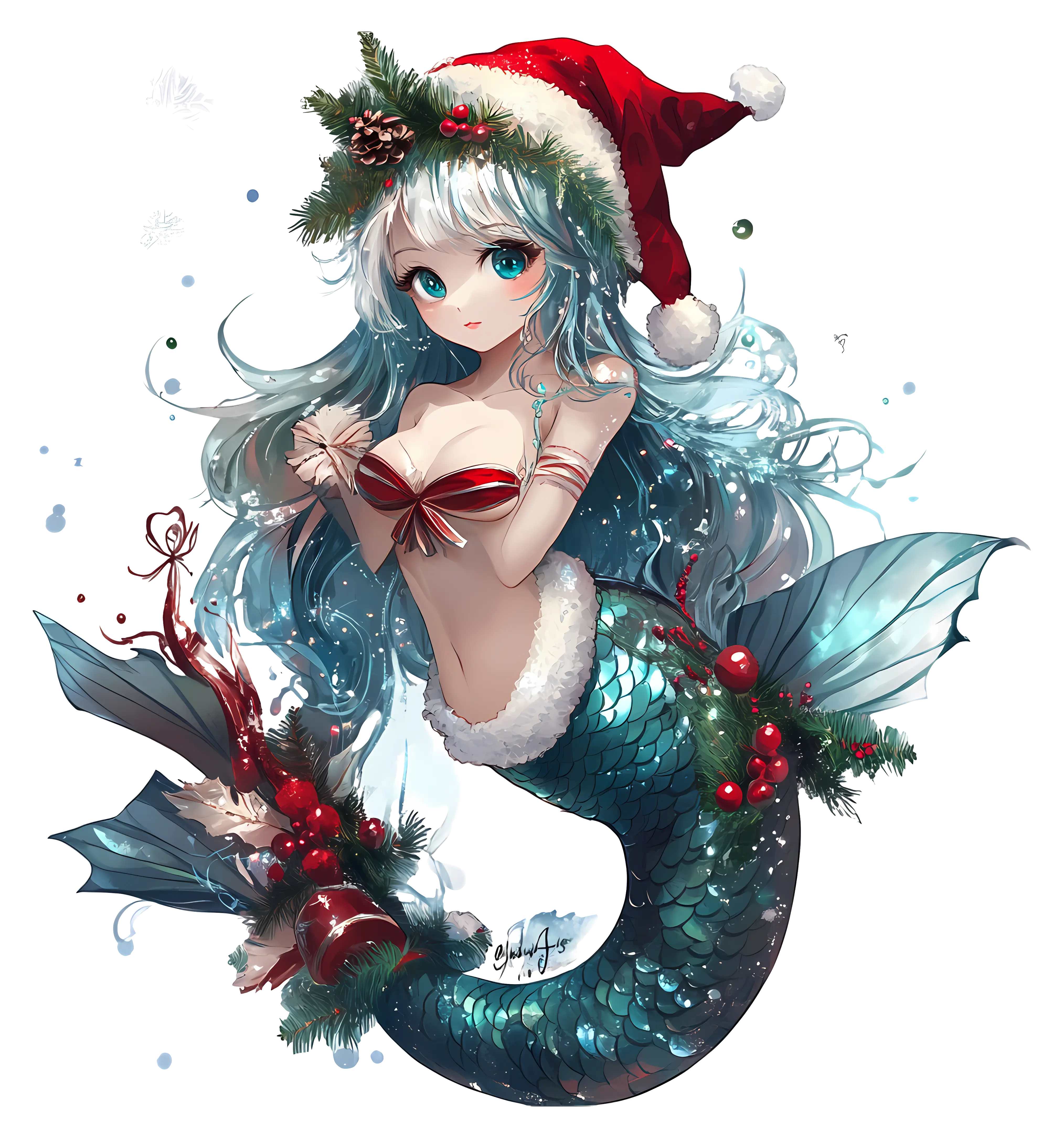 Festive Anime Mermaid with Christmas Decorations