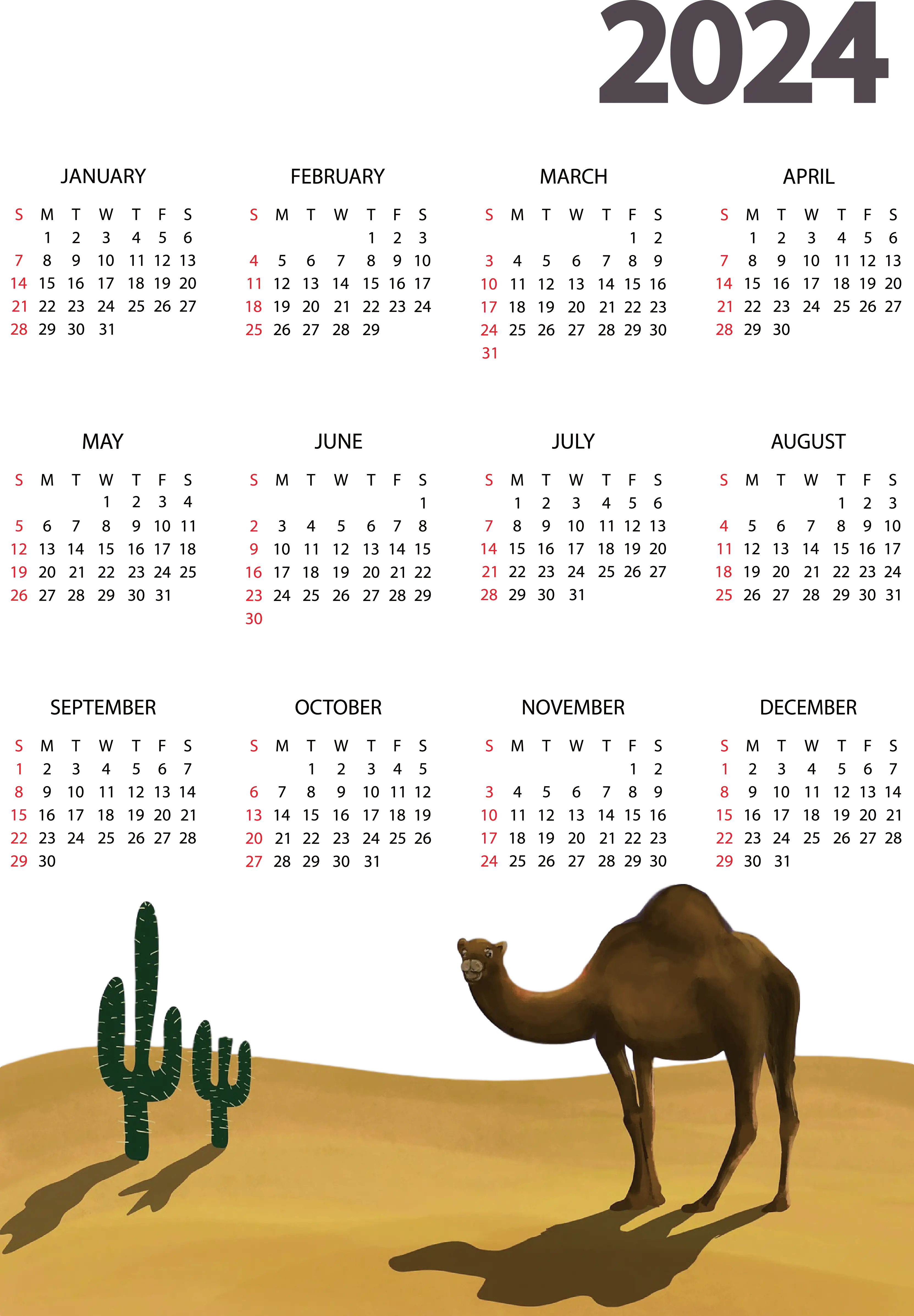 2024 Calendar with Camel in Desert