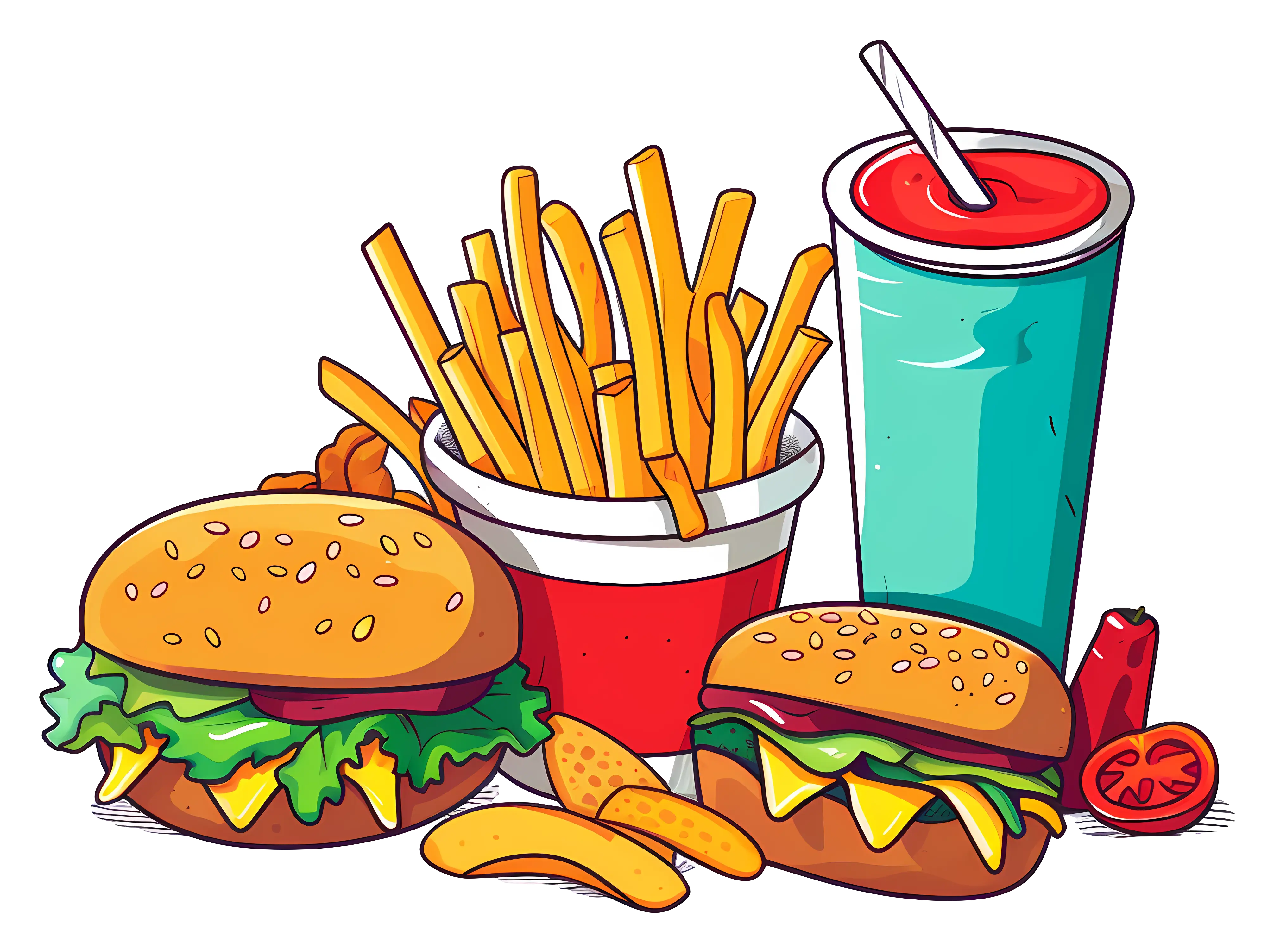 Fast Food Illustration with Burgers, Fries, and Soda