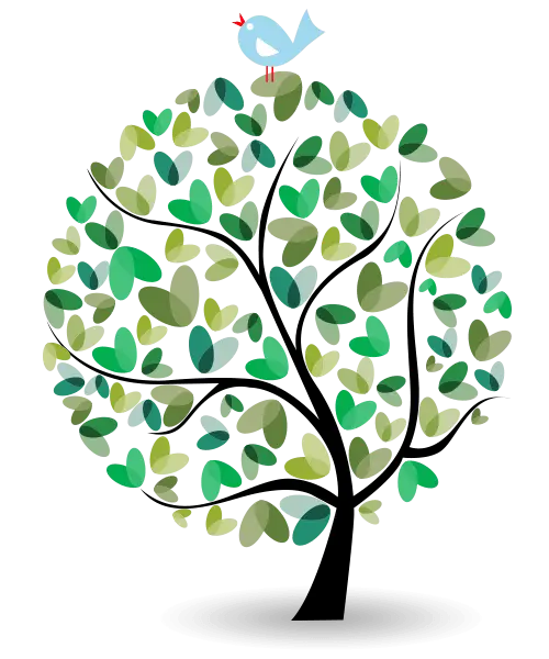 Cartoon Tree with Bird and Heart-Shaped Leaves