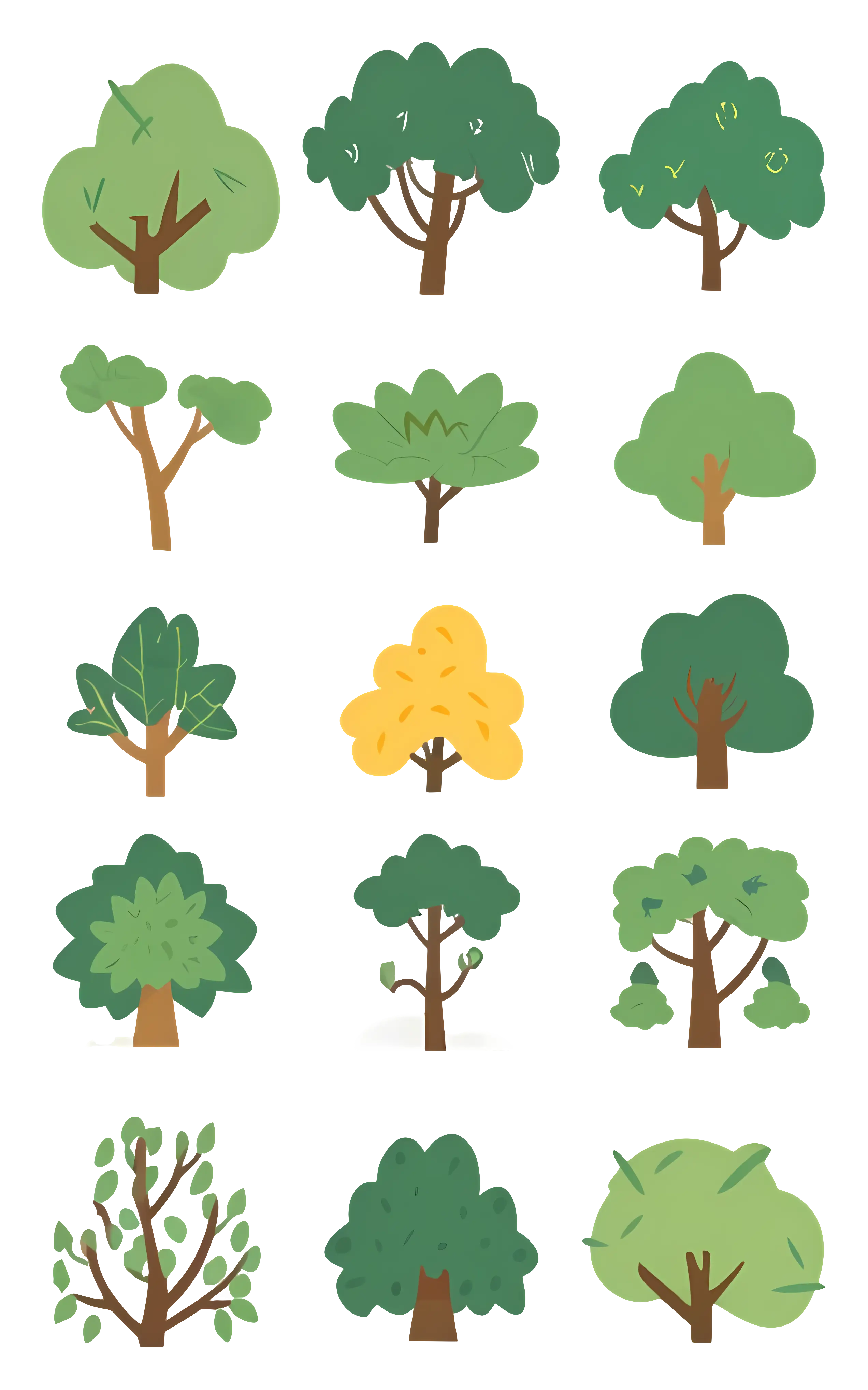 Cartoon Trees Set in Various Shapes and Colors