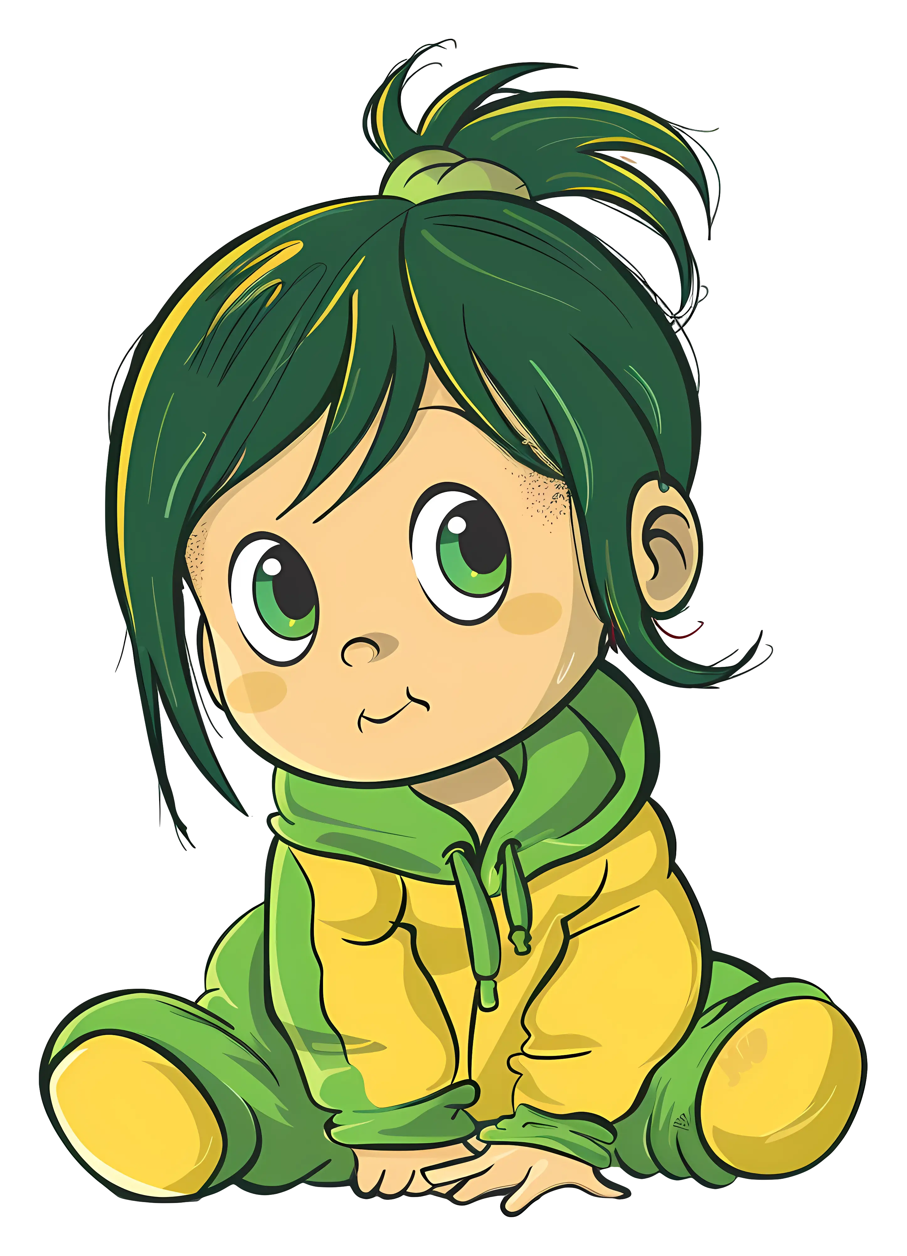 Cute Cartoon Baby in Green and Yellow Outfit
