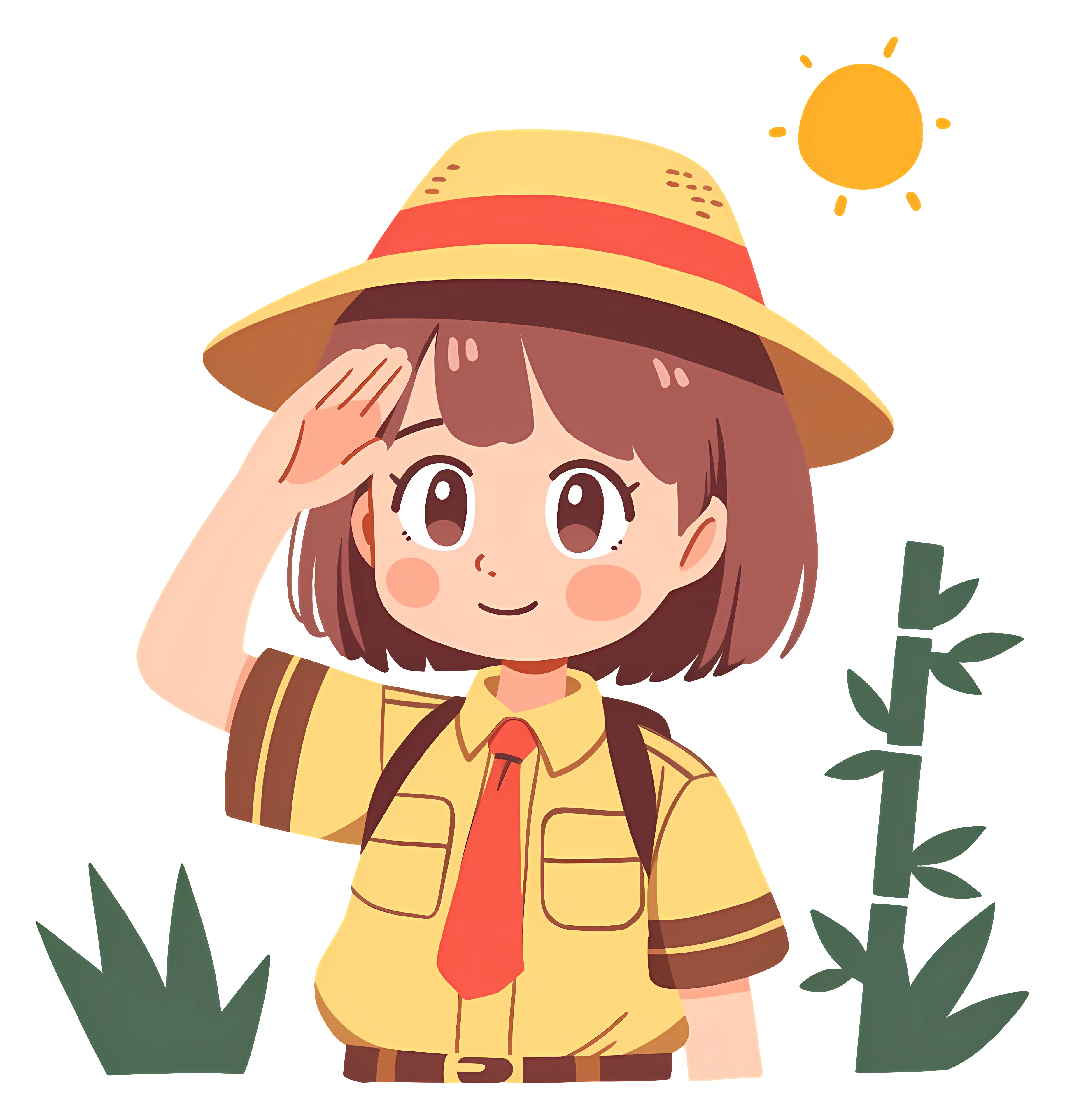 Cartoon Explorer Girl Saluting Outdoors
