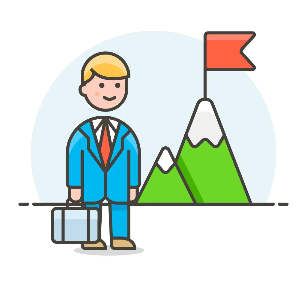 Businessman Cartoon with Mountain and Flag