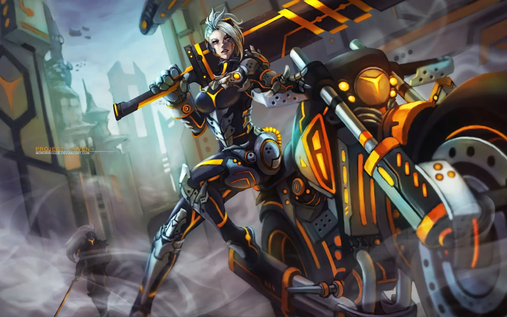 Cyborg Woman with Motorcycle