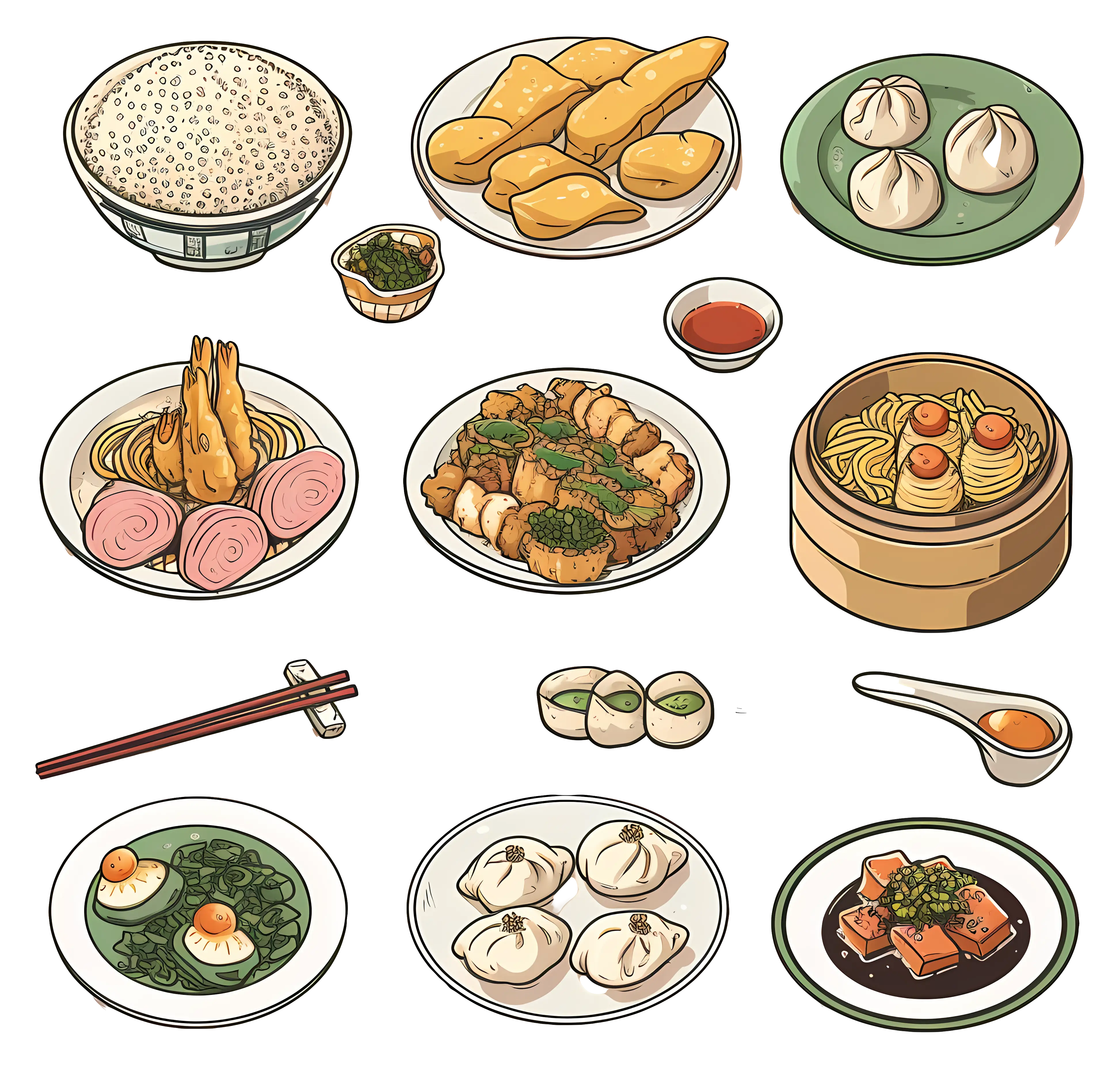 Assorted Asian Dishes Illustration