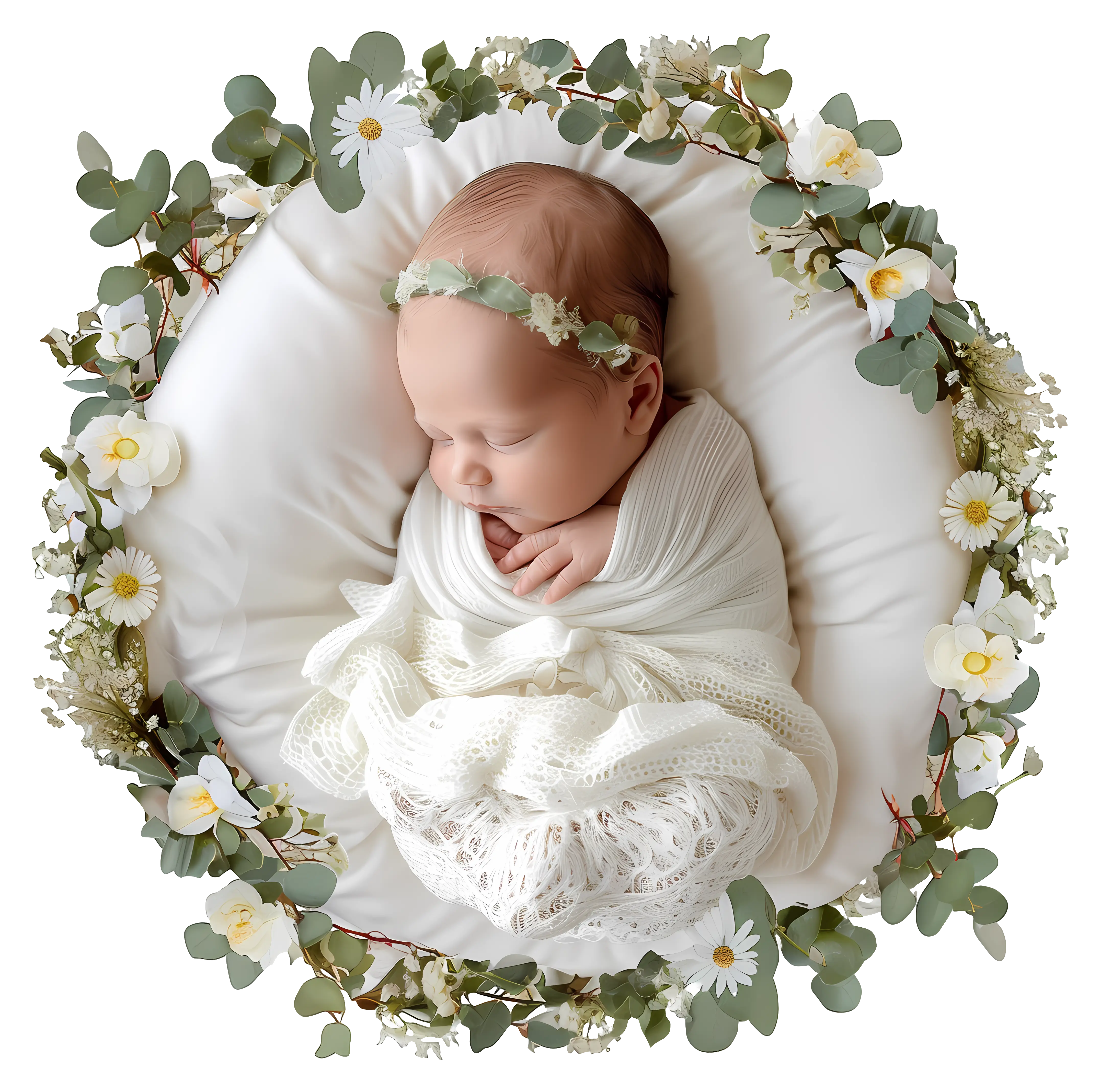 Sleeping Newborn Baby with Flower Wreath