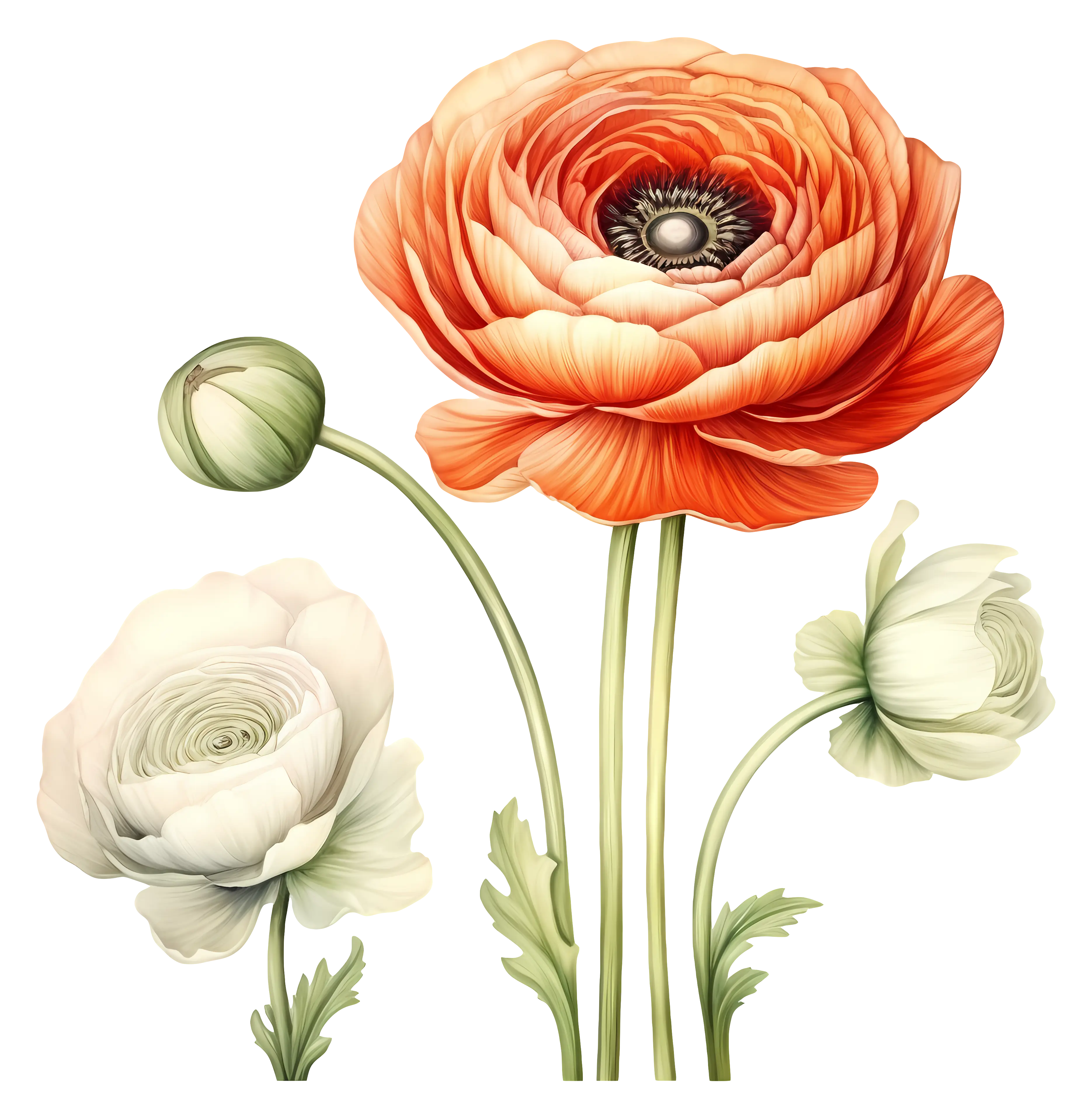 Orange and White Ranunculus Flowers Illustration