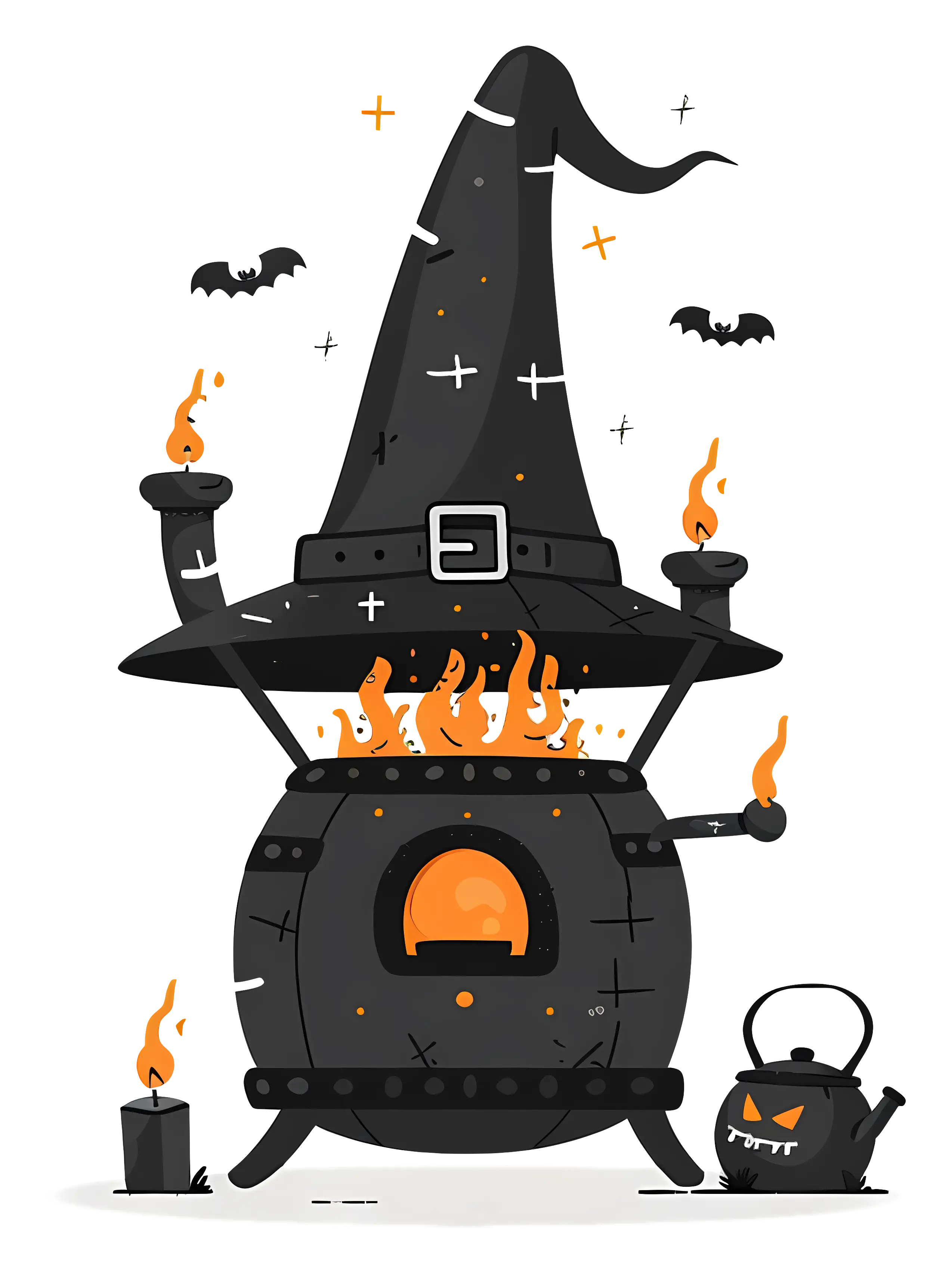 Witch Hat and Cauldron with Fire