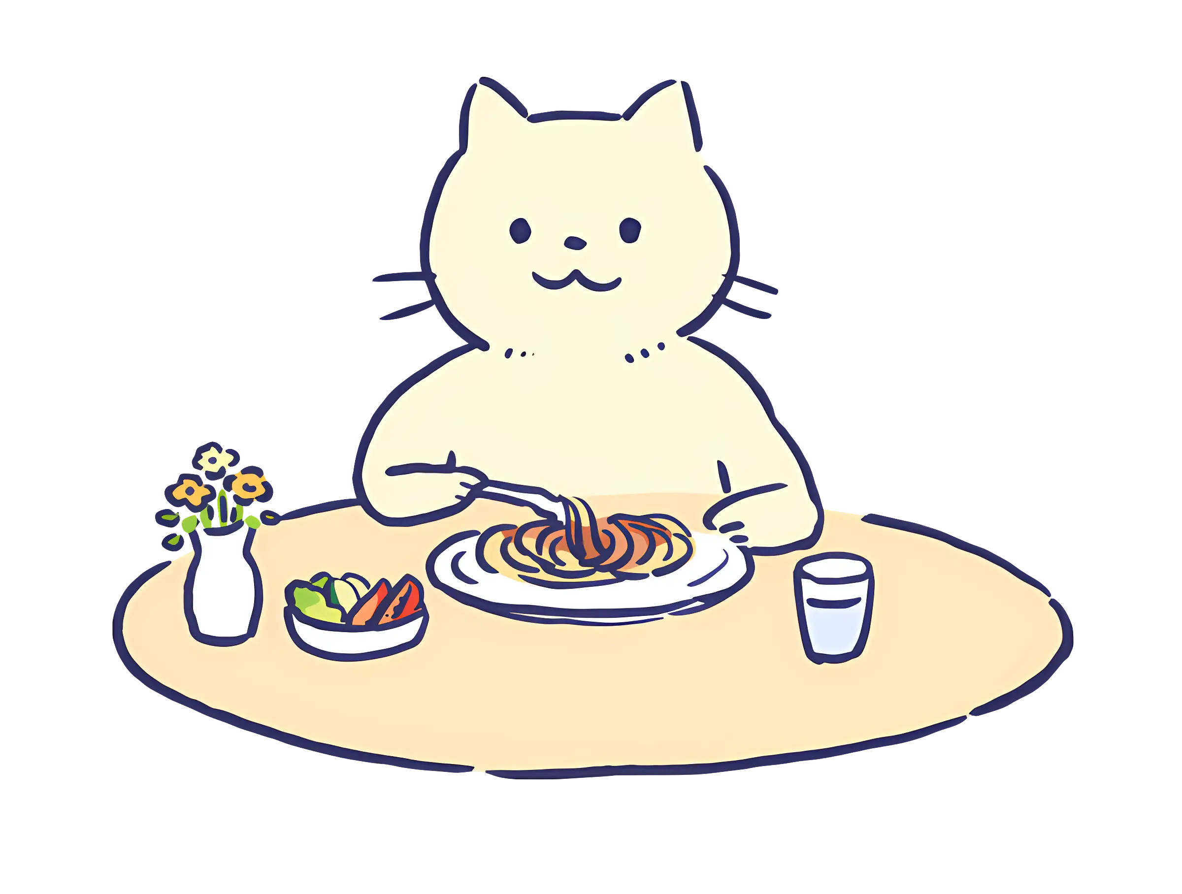 Cartoon Cat Enjoying a Meal at Table
