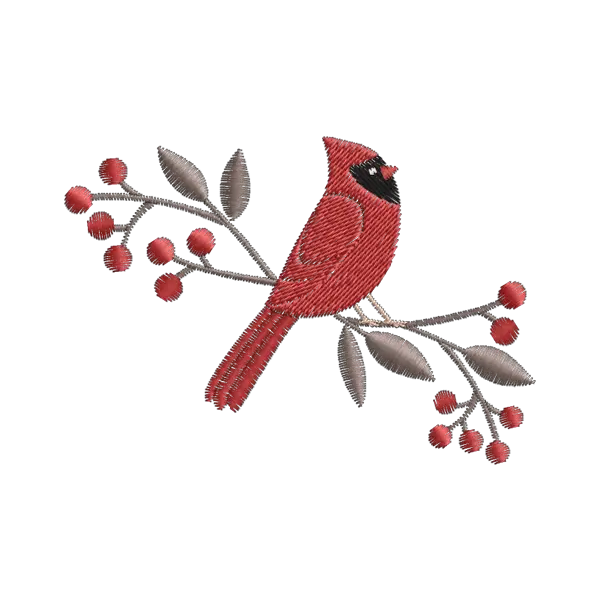 Red Bird on a Branch with Berries
