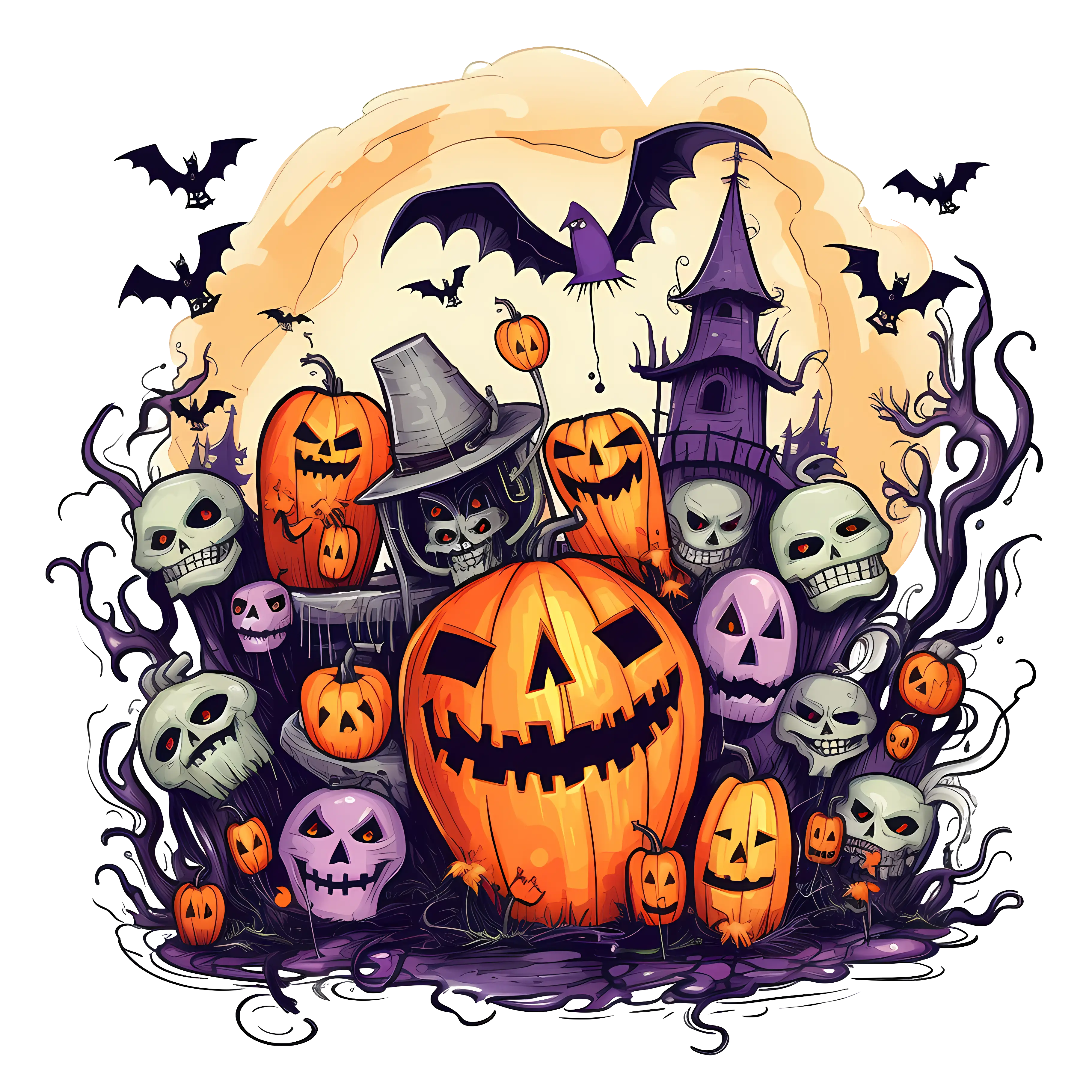 Spooky Halloween Design with Skull and Pumpkins