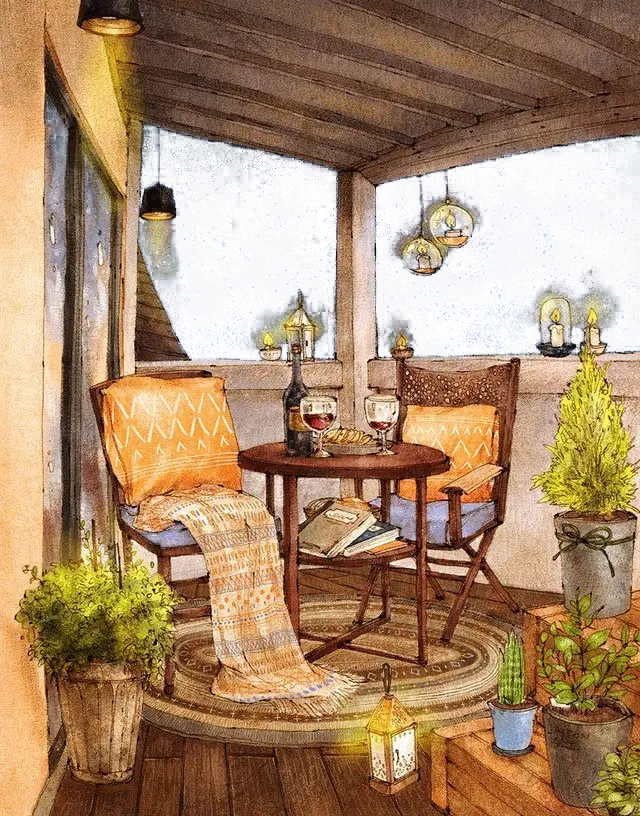 Cozy Balcony with Furniture and Plants