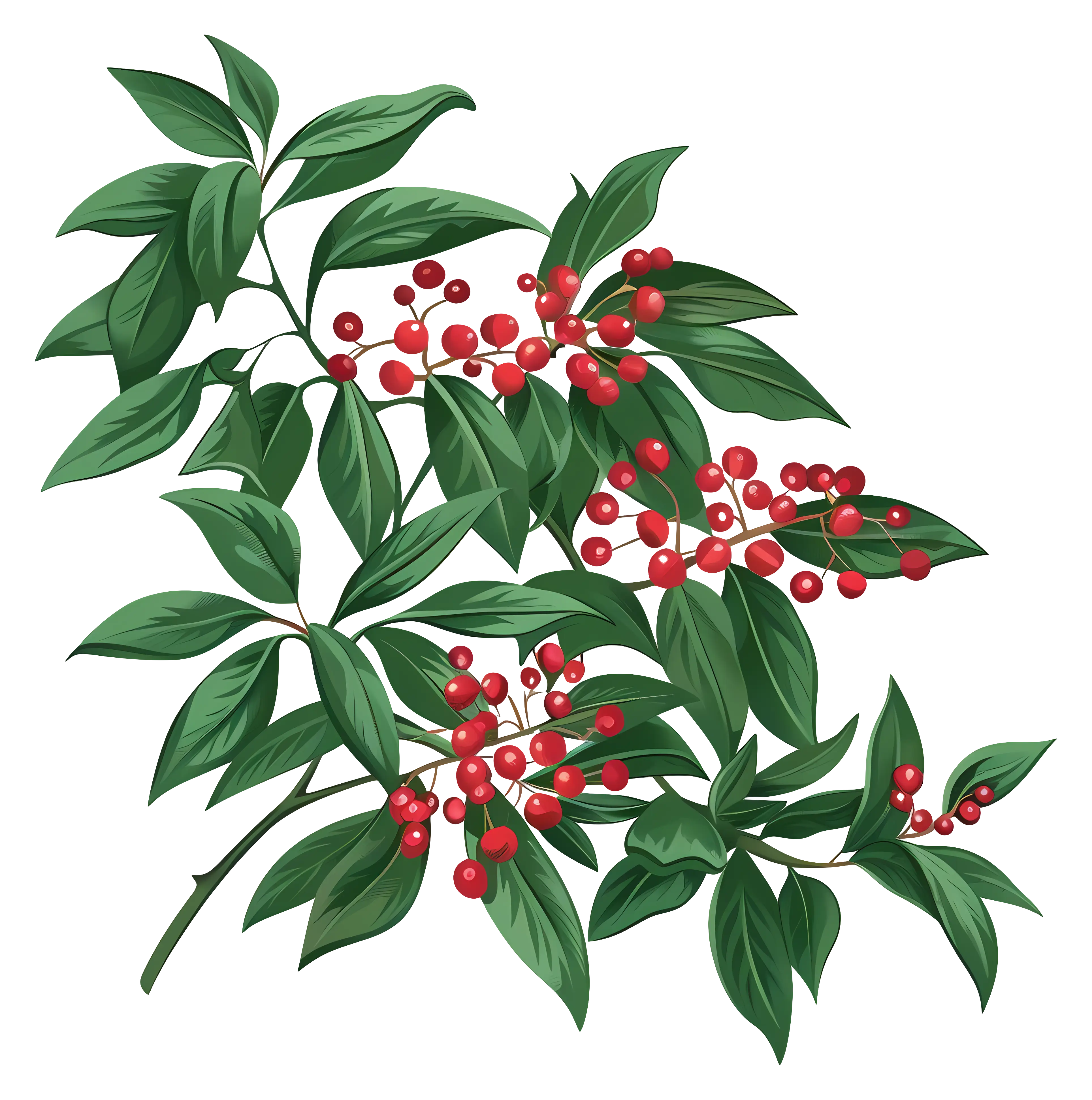 Green Leaf and Red Berry Botanical Illustration