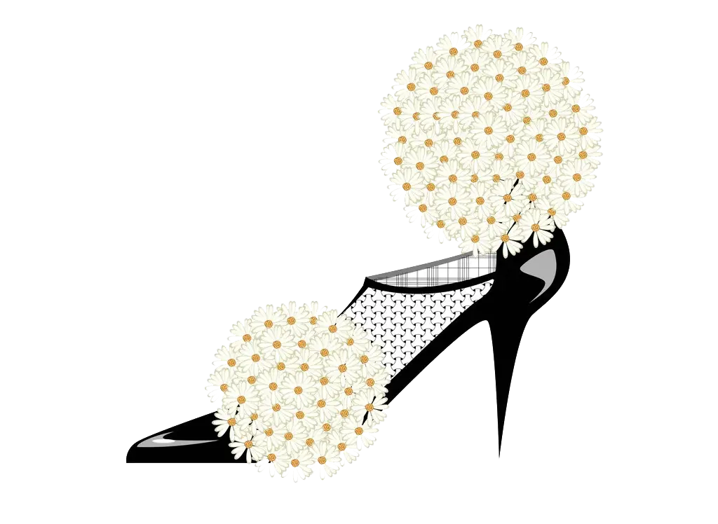 Black High Heel with Floral Pom Poms