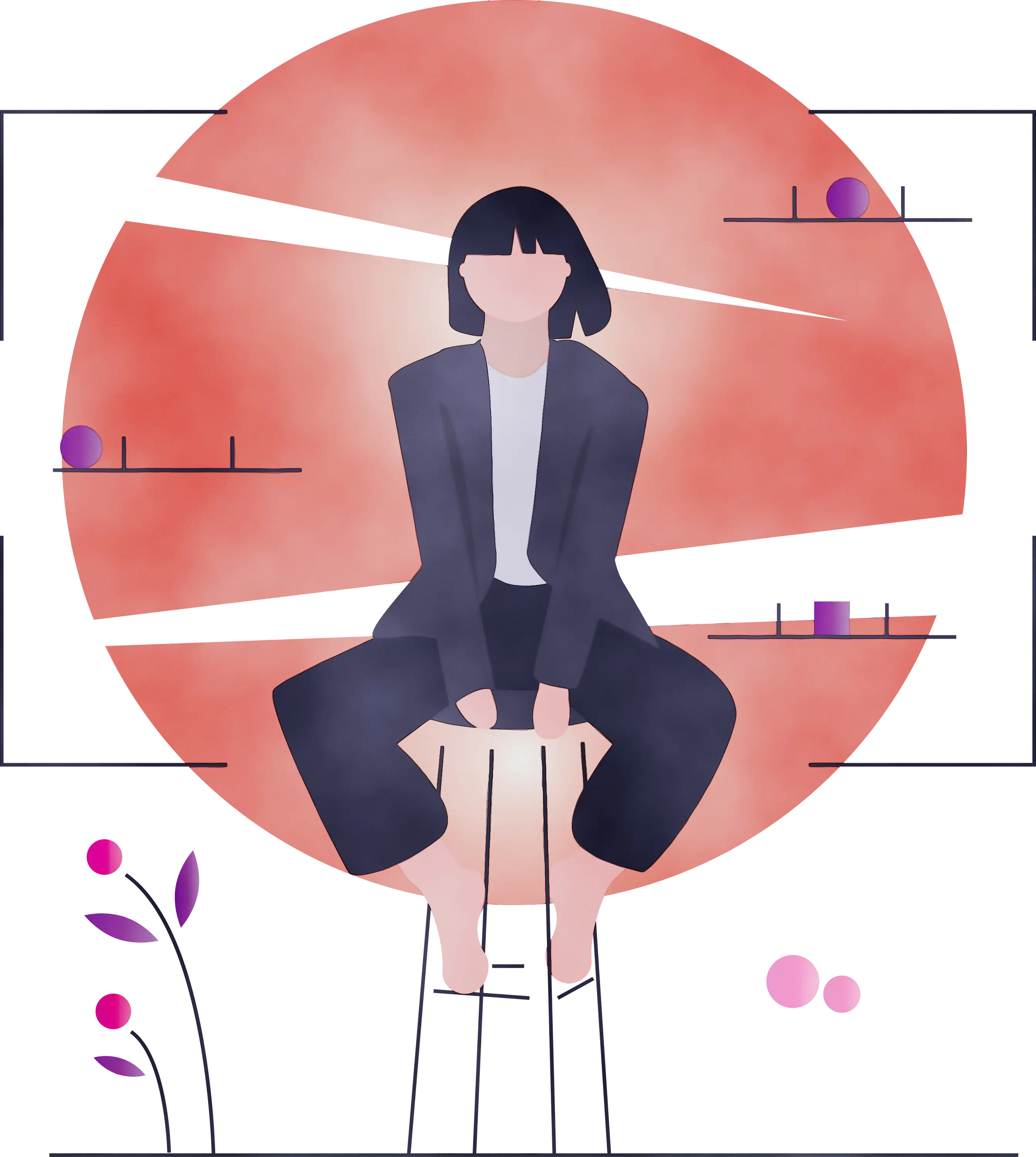 Woman Sitting on Stool with Geometric Background