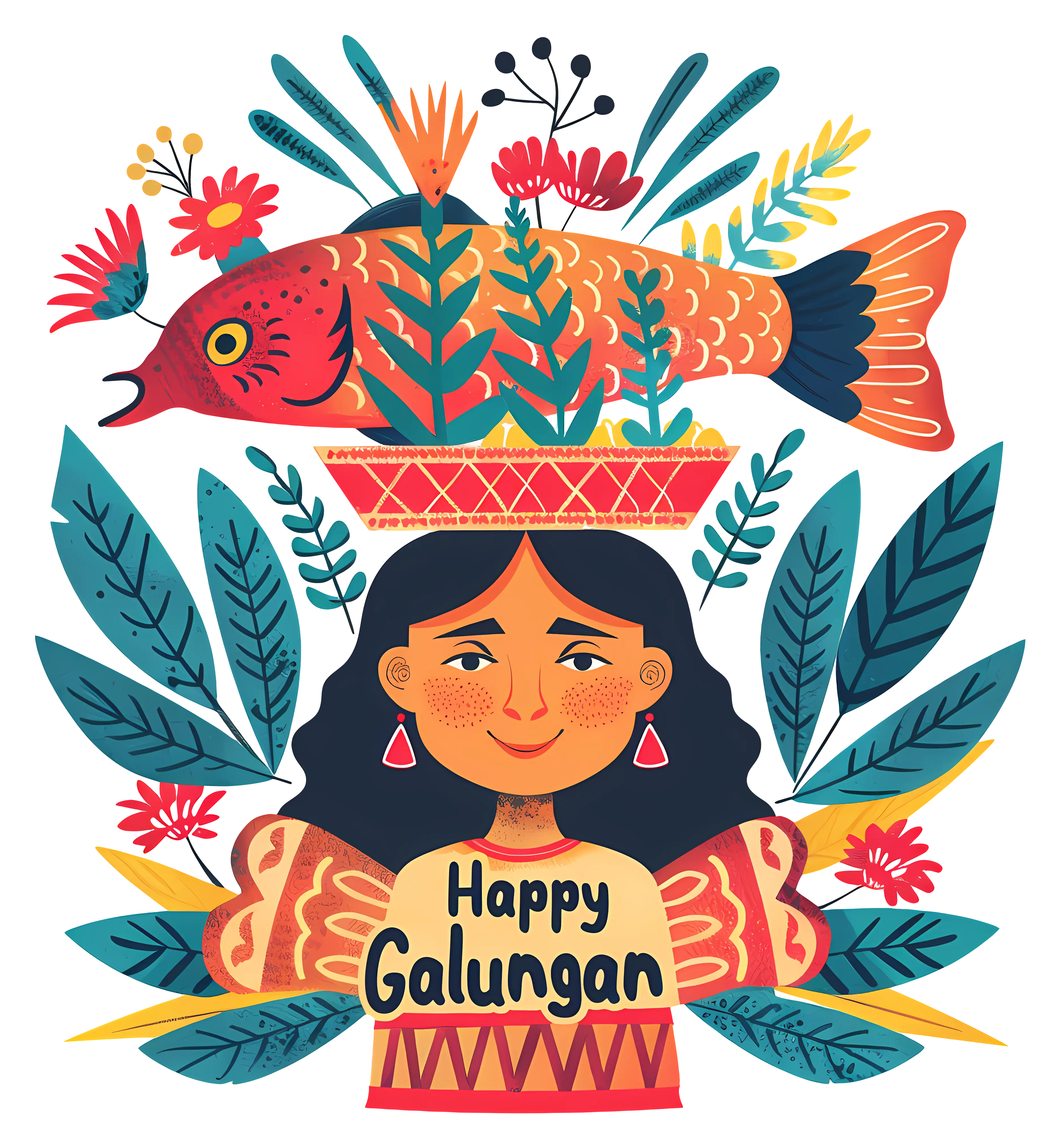 Woman with Fish and Flowers for Galungan