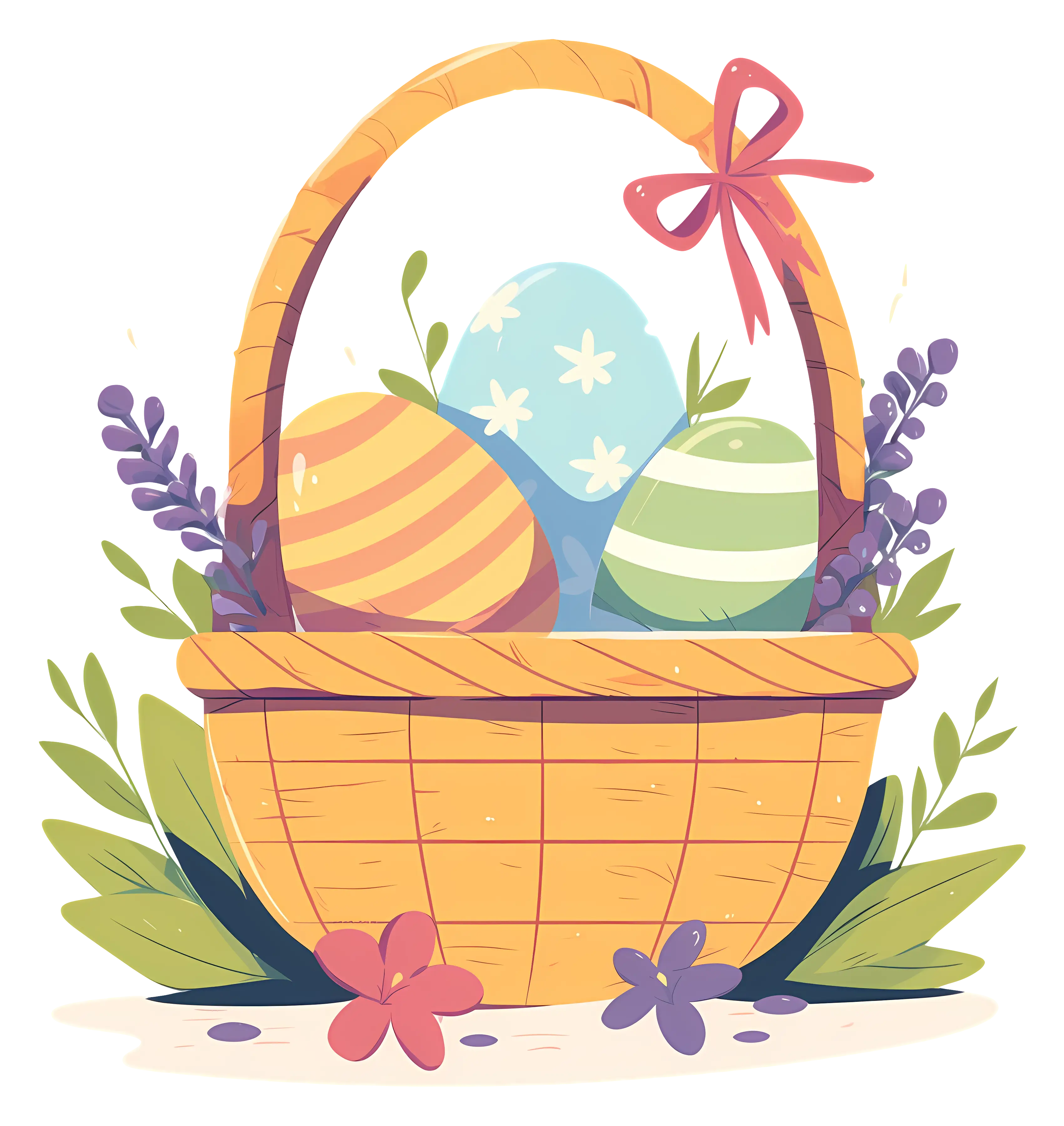 Colorful Easter Basket with Eggs and Flowers