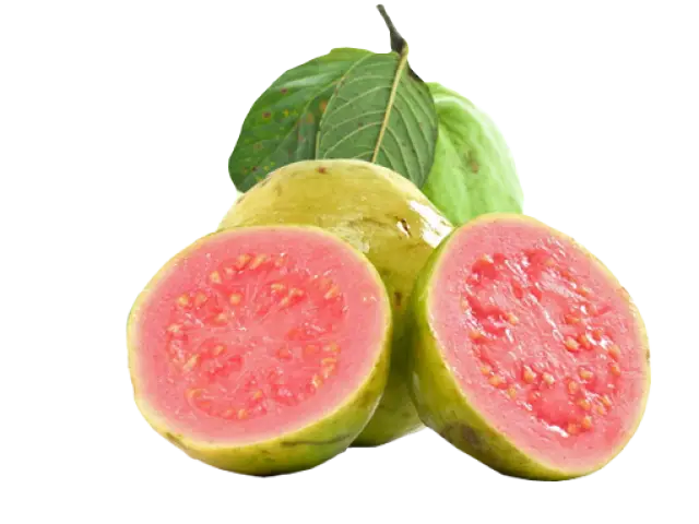 Fresh Guava Fruit with Pink Pulp and Leaves