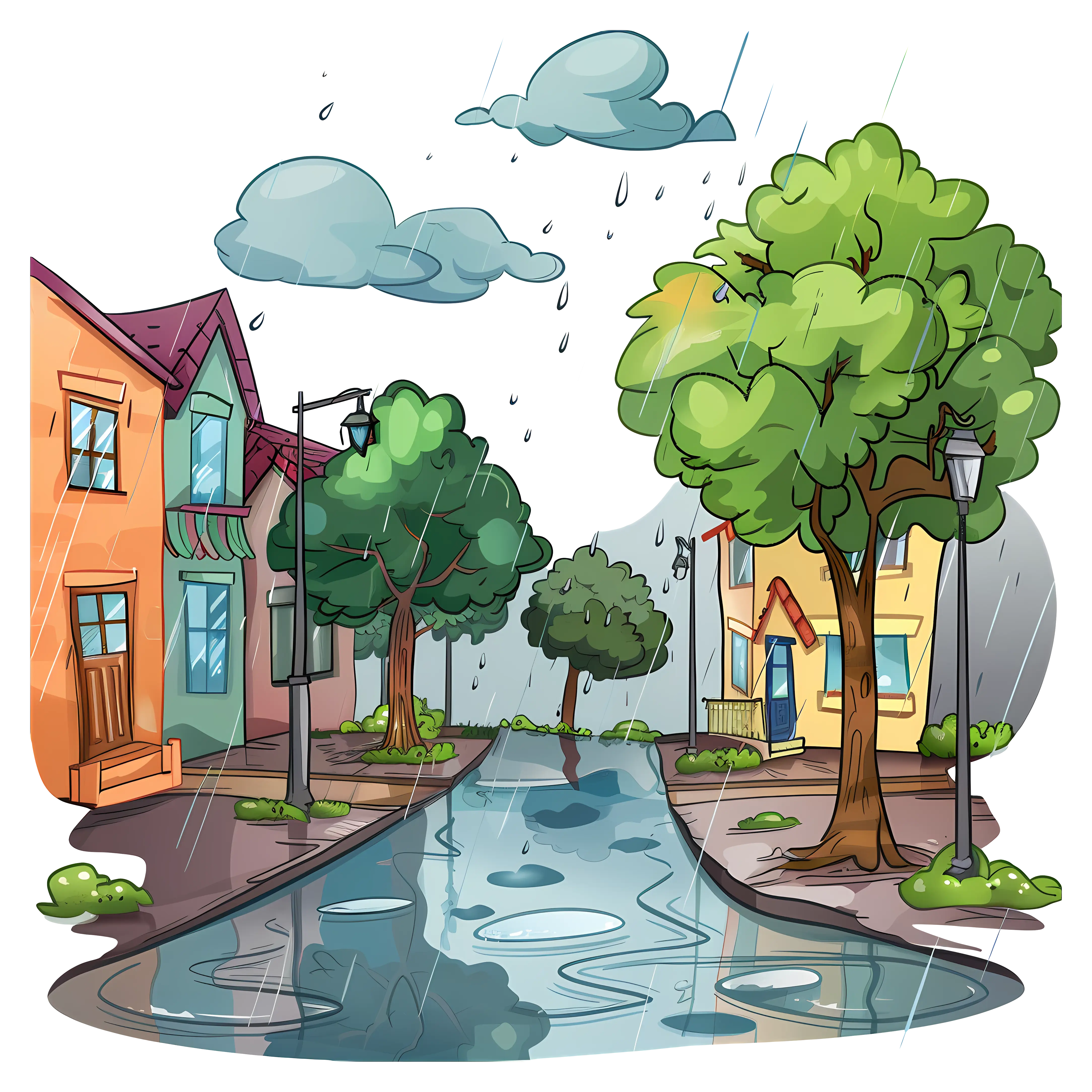 Rainy Street with Houses and Trees