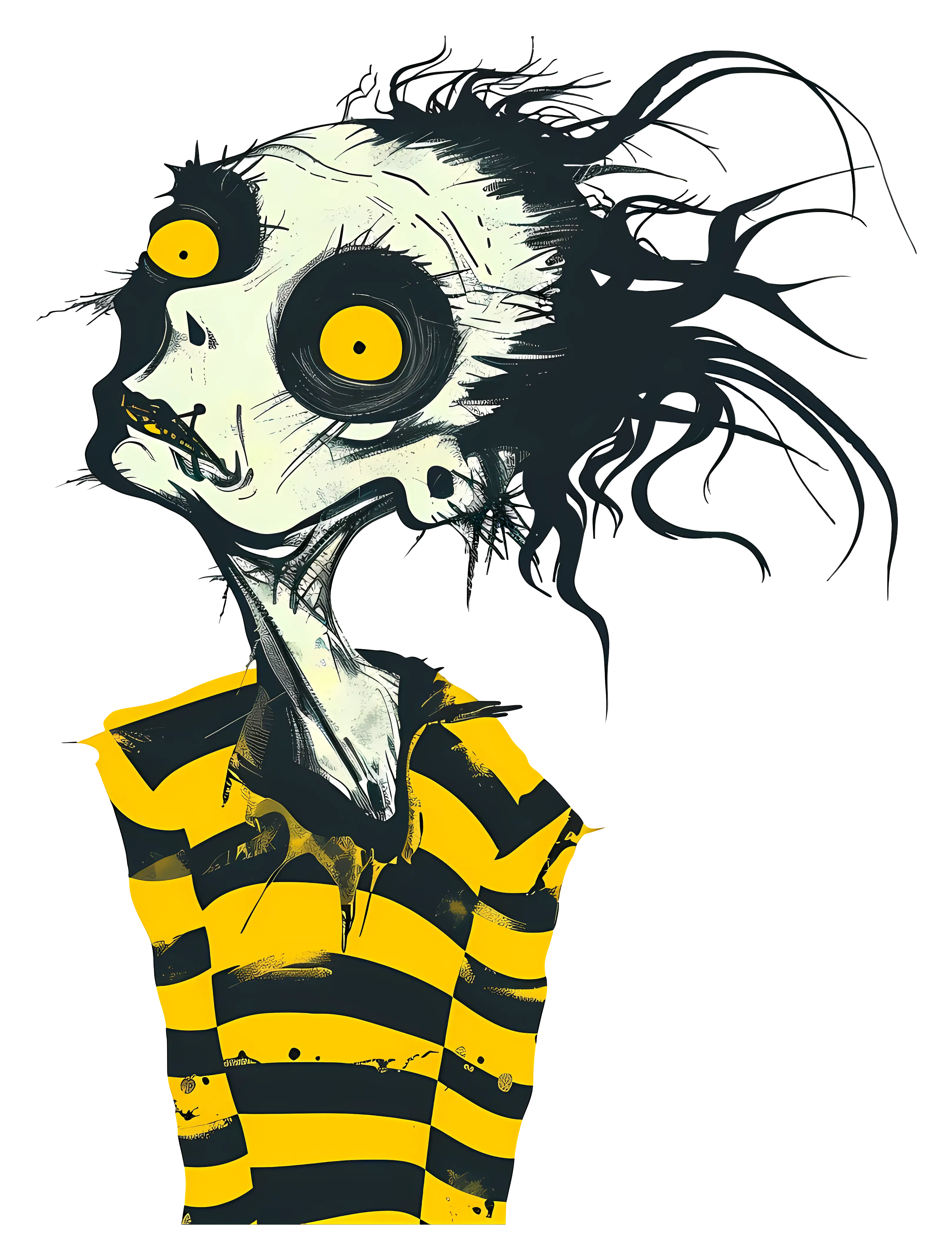 Zombie-like Character with Yellow Eyes and Striped Shirt