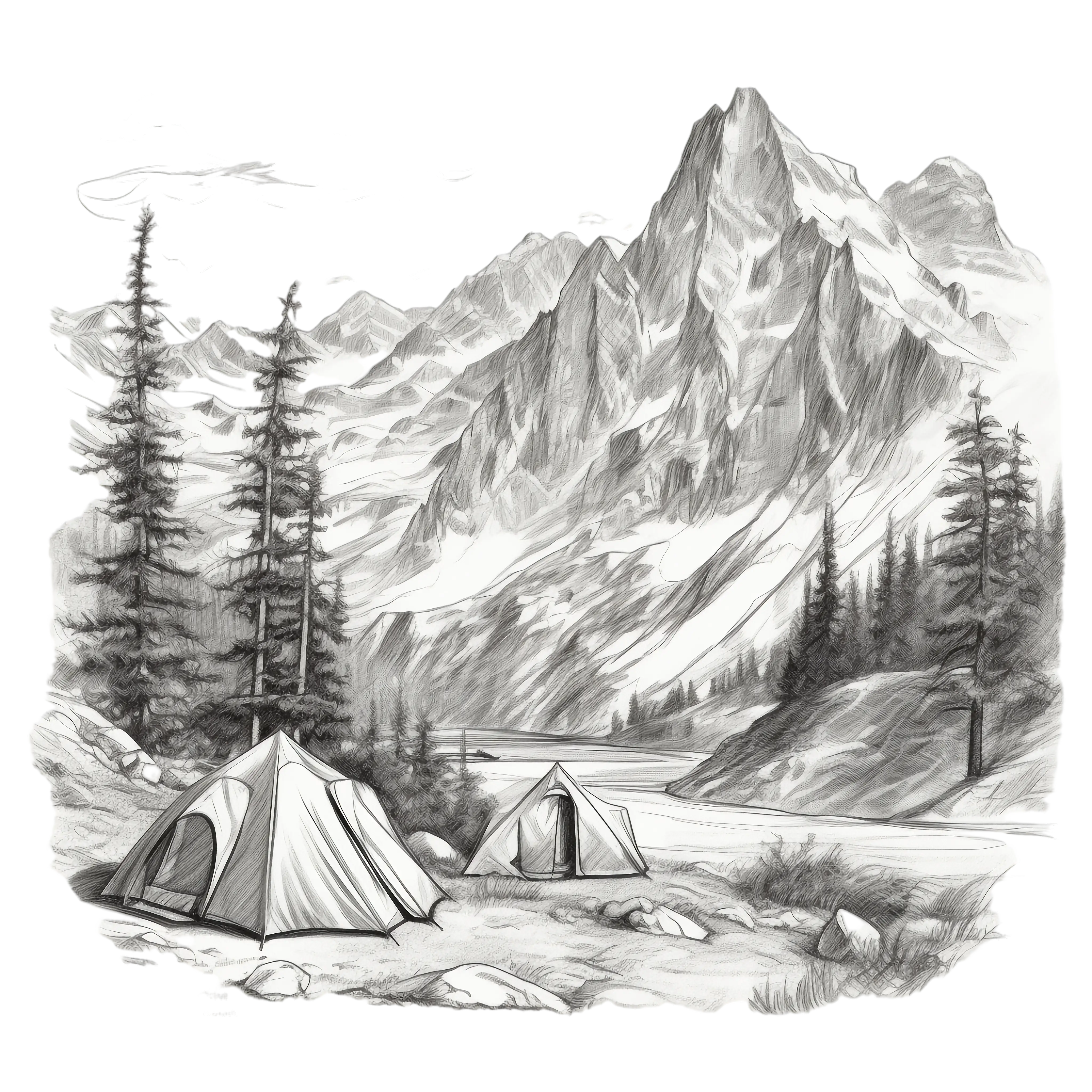 Mountain Camping Scene with Tents Sketch