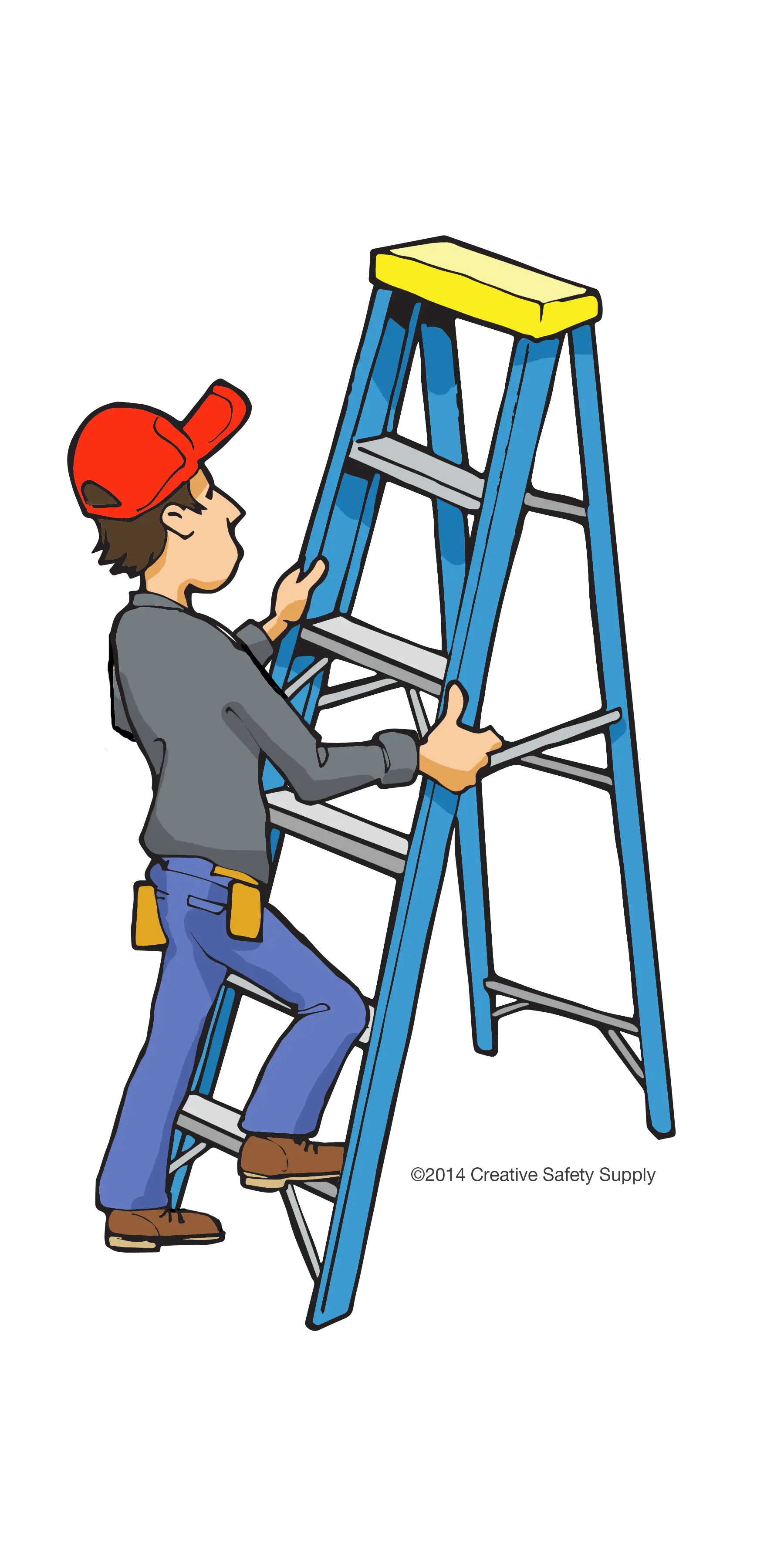 Worker Climbing Blue Ladder
