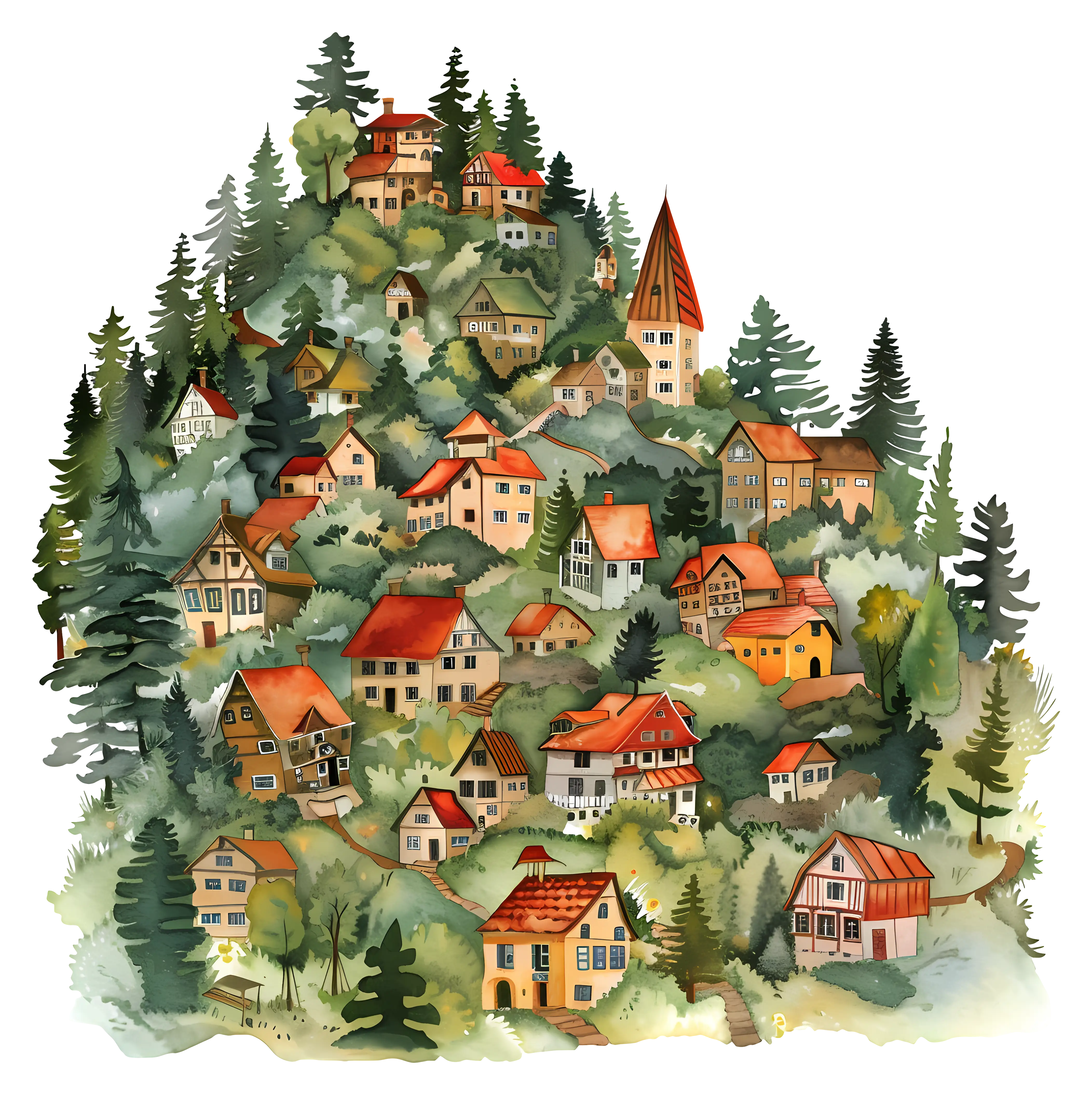 Beautiful Hillside Village in Watercolor Style