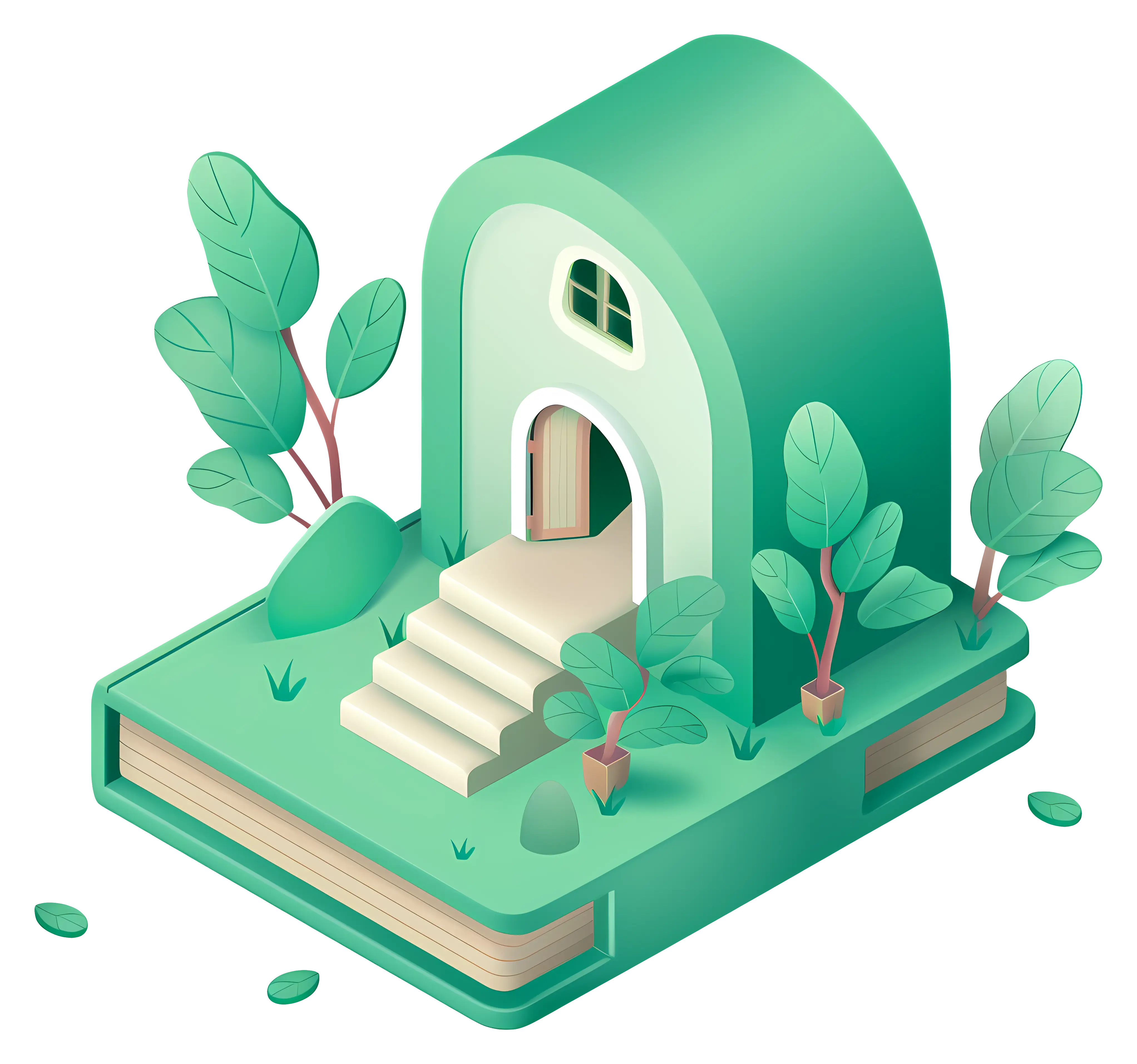 Book-Shaped House with Green Plants Illustration