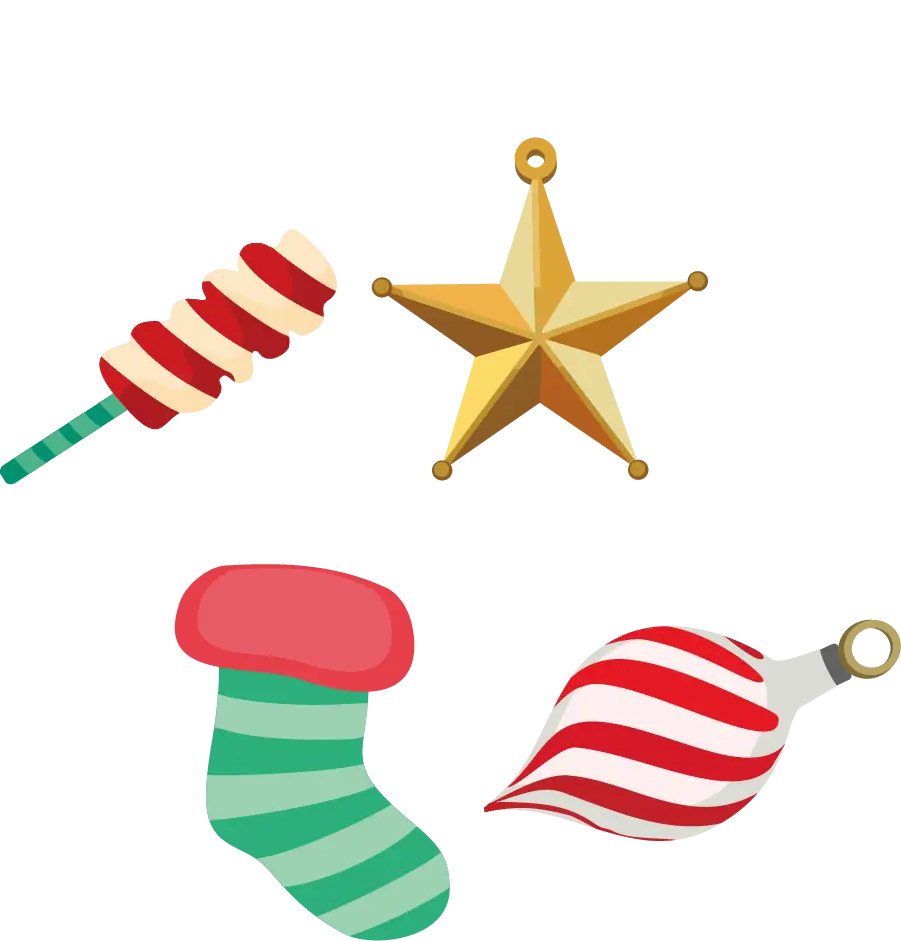 Christmas Ornaments with Star, Stocking, Candy Cane, and Bauble