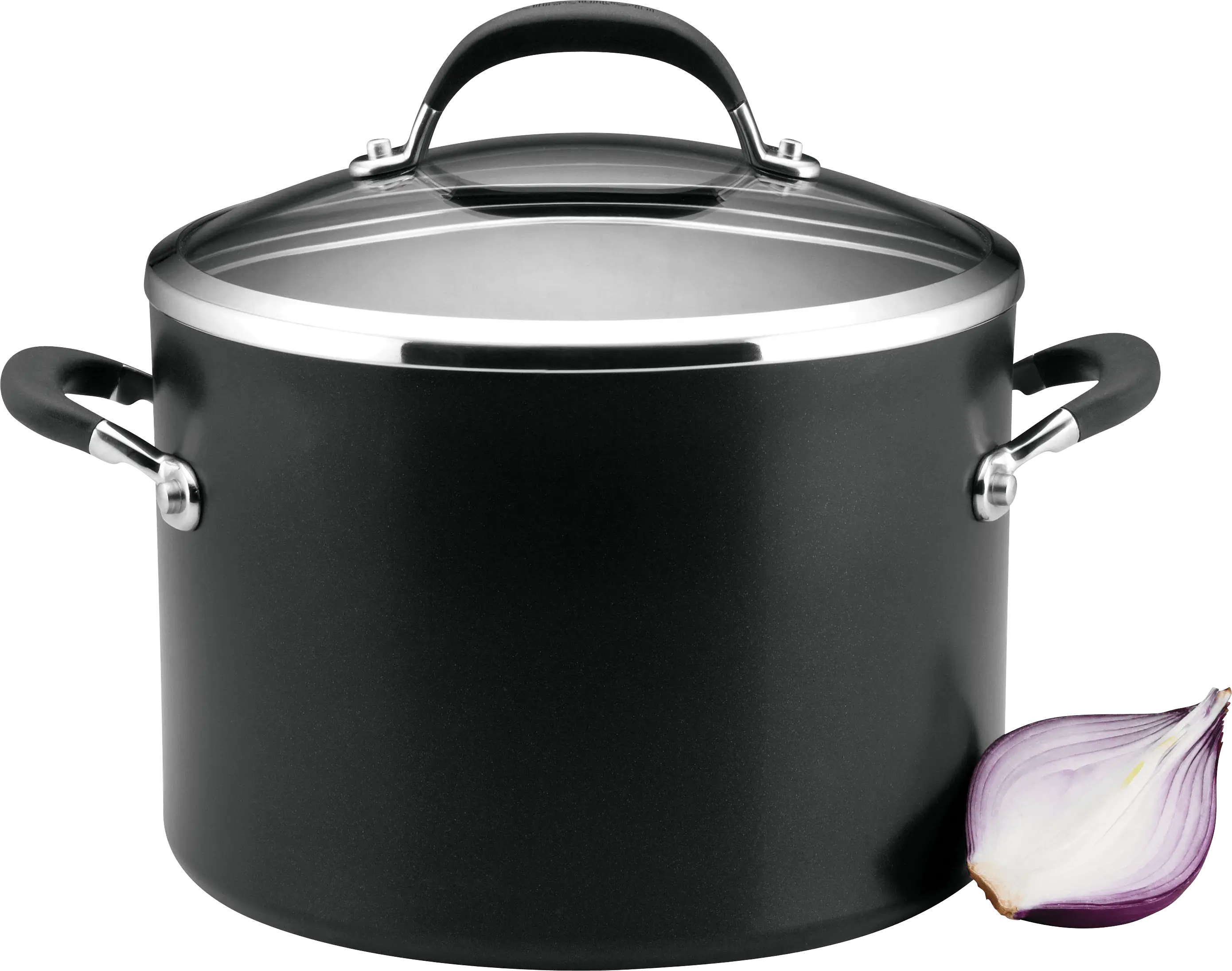Black Cooking Pot with Lid and Onion
