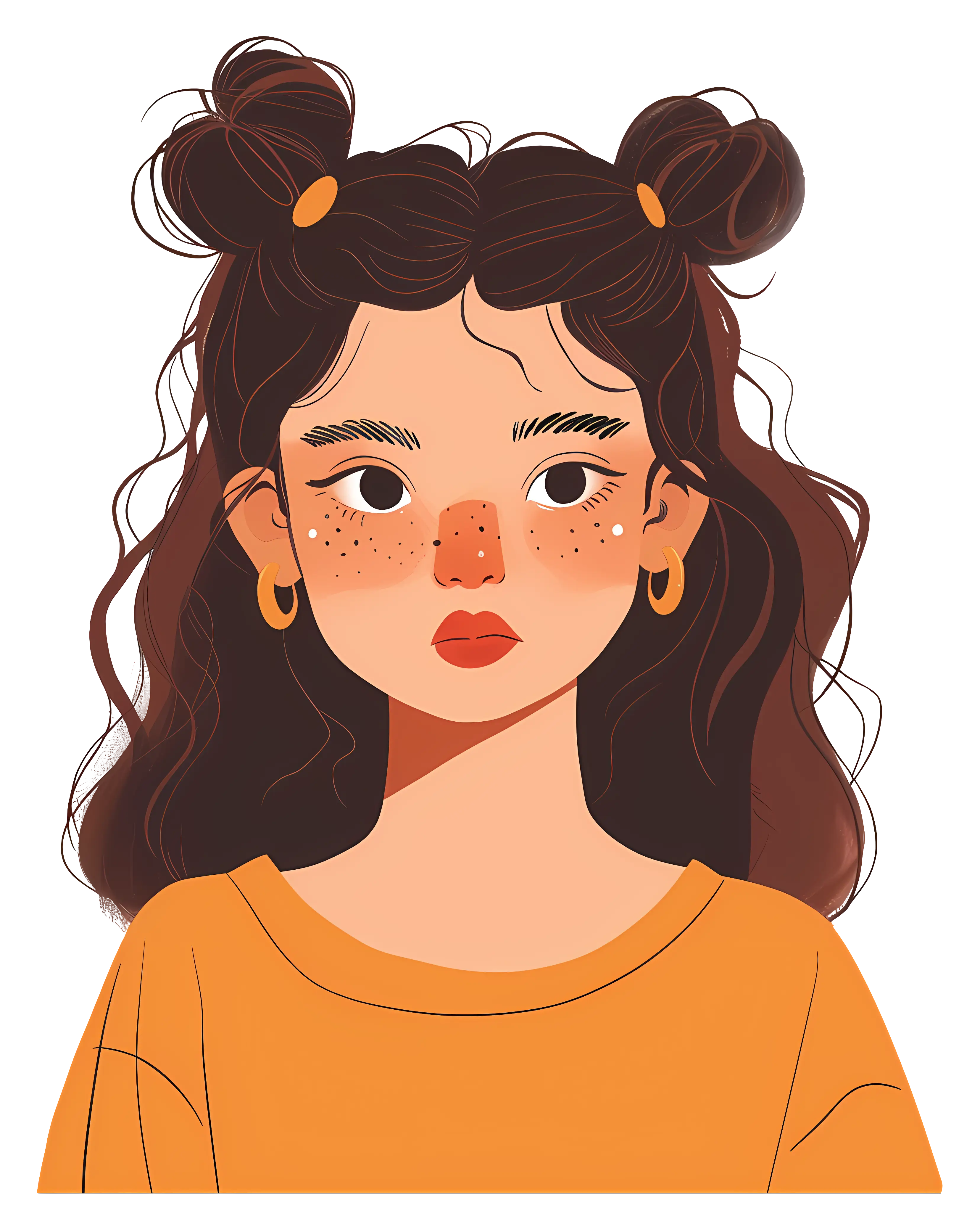 Cartoon Girl with Buns and Freckles