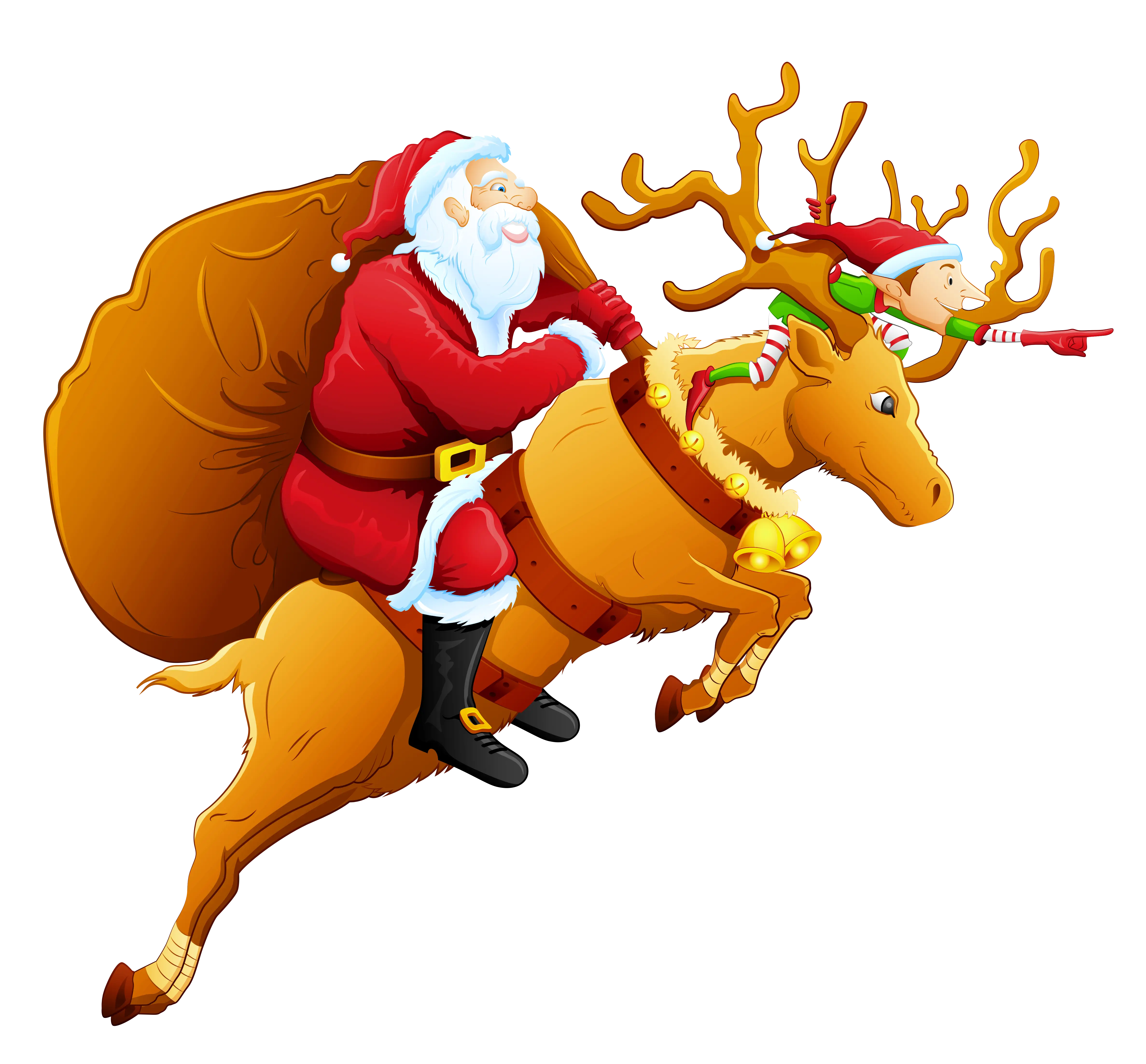 Santa Riding Reindeer with Elf Illustration