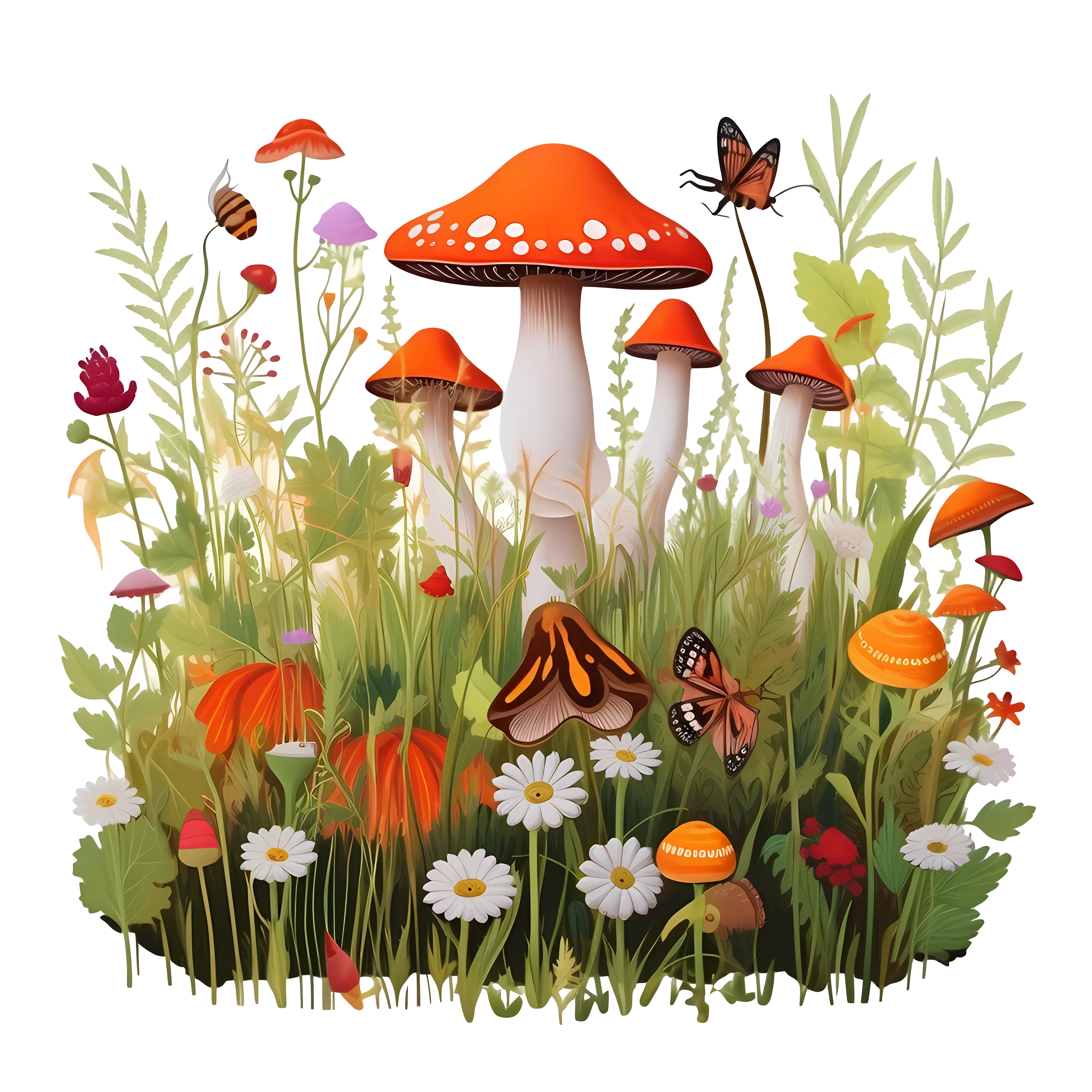 Mushrooms in a Grassy Field with Butterflies
