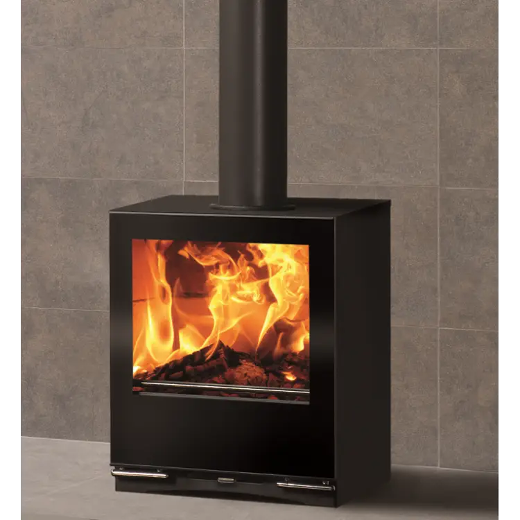 Freestanding Black Fireplace with Flames