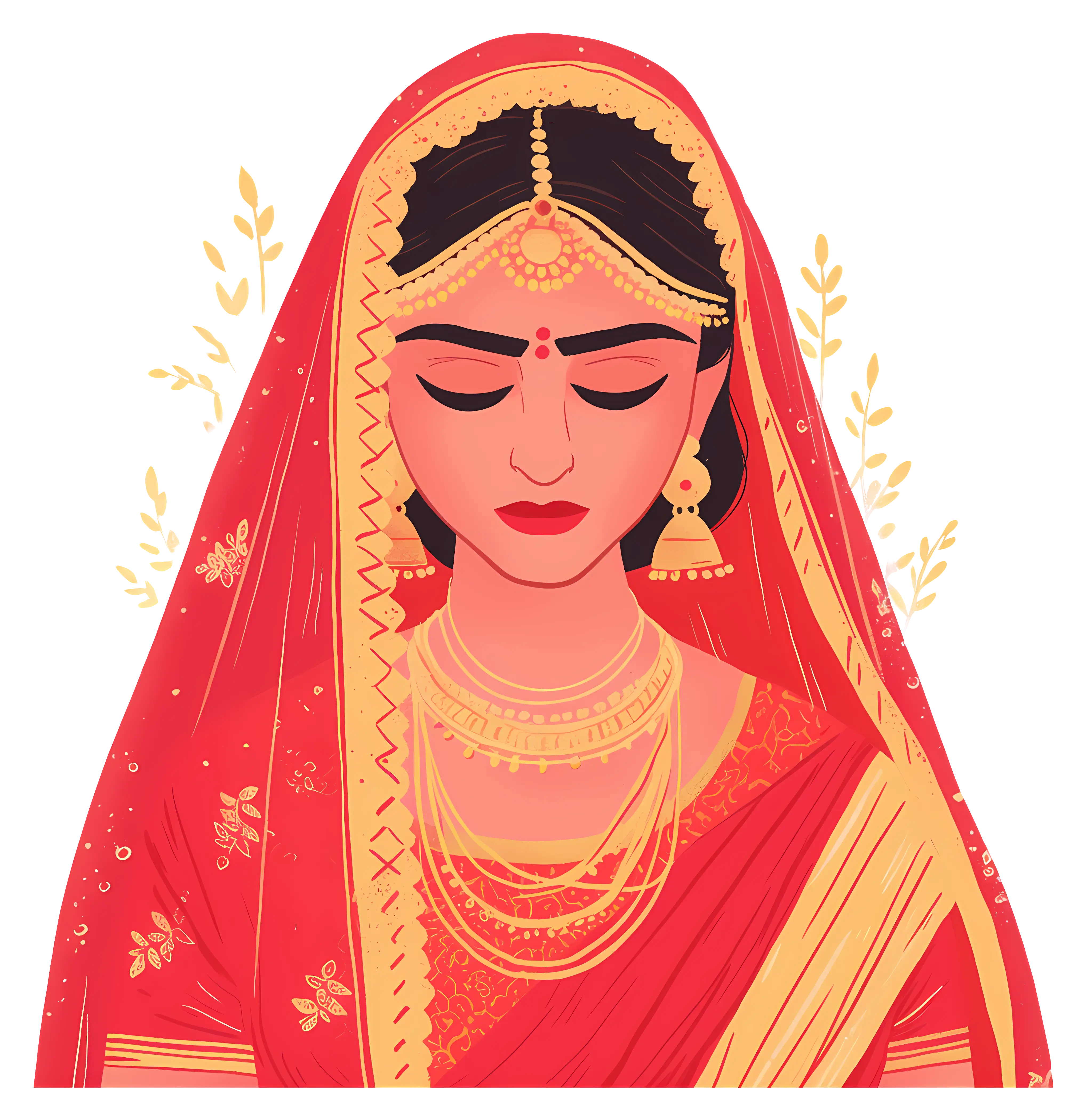 Bride Adorned in Traditional Red with Gold Jewelry