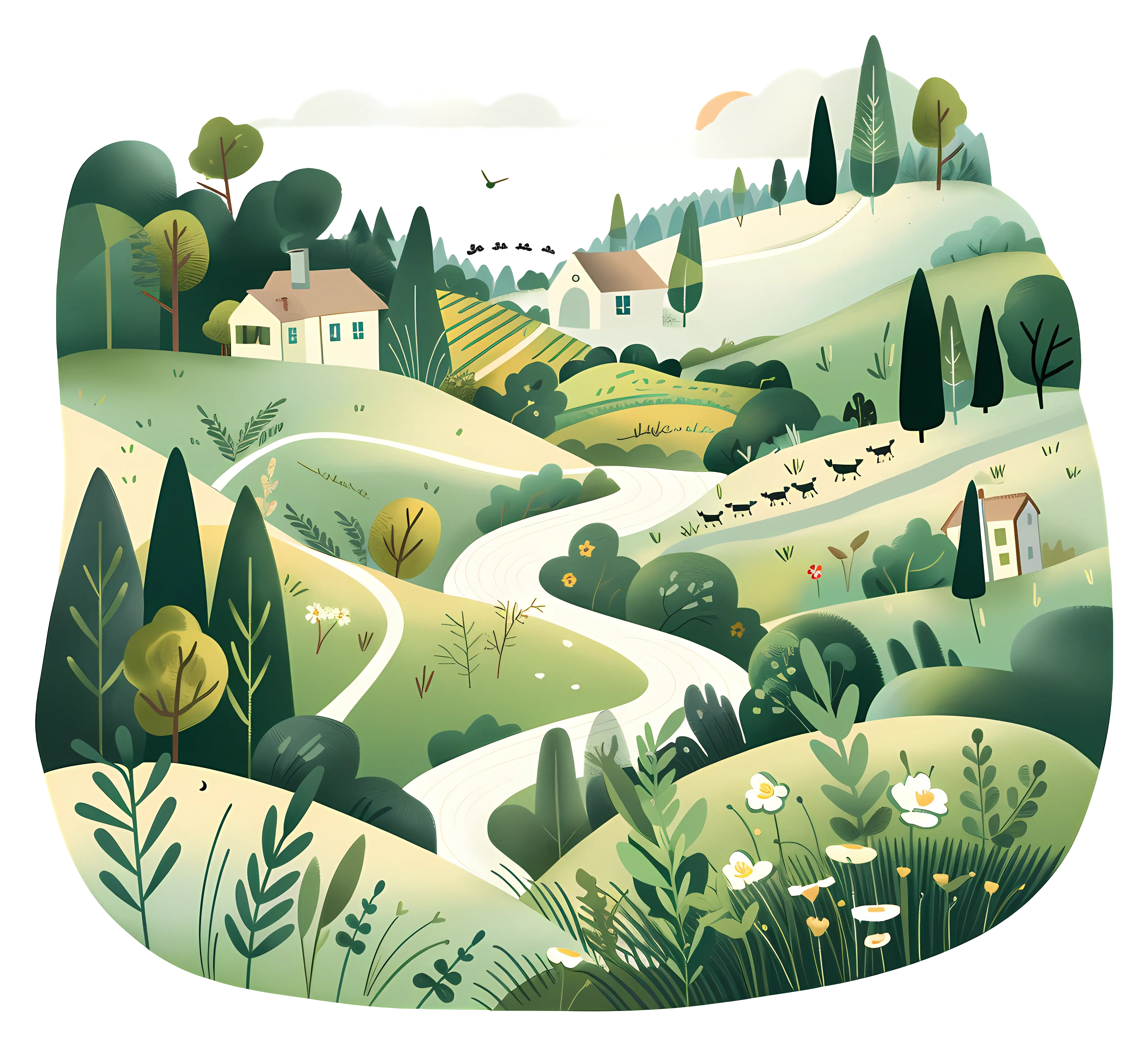 Scenic Countryside Landscape with Houses and Trees