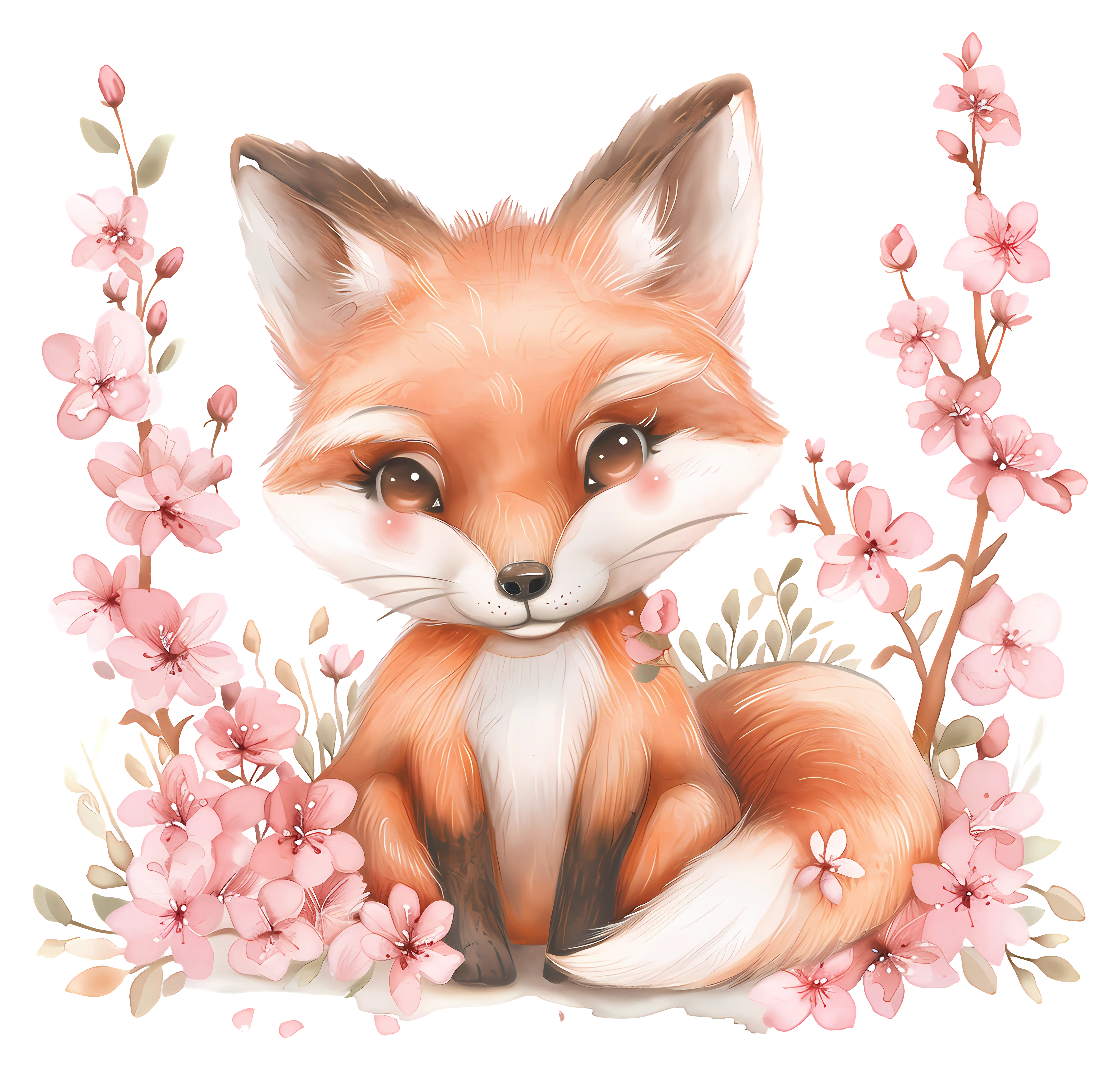 Adorable Orange Fox with Pink Flowers Illustration