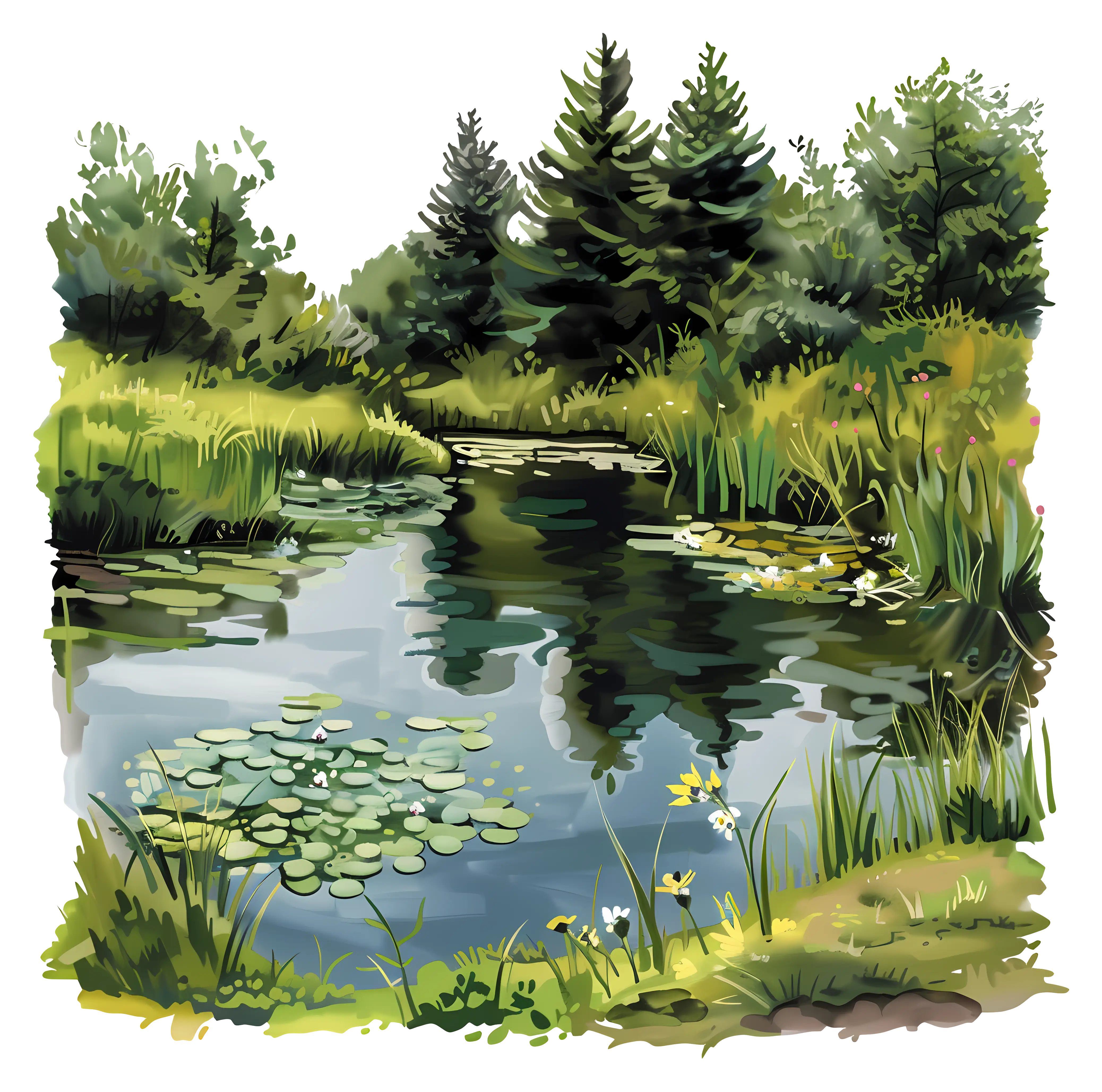 Peaceful Pond with Surrounding Greenery Illustration